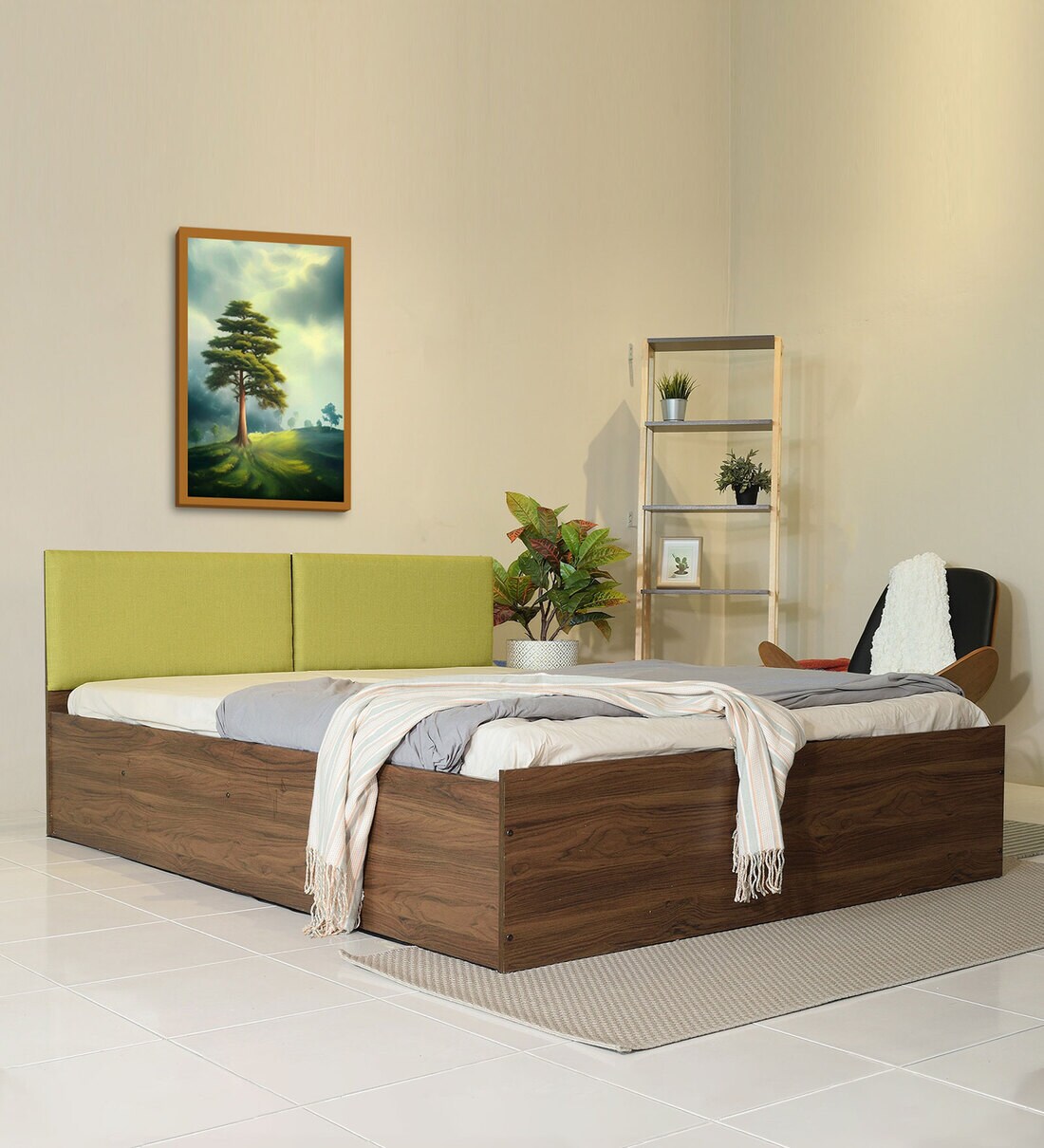 Buy Michi Queen Size Upholstered Bed in Leaf Green & Walnut Colour With