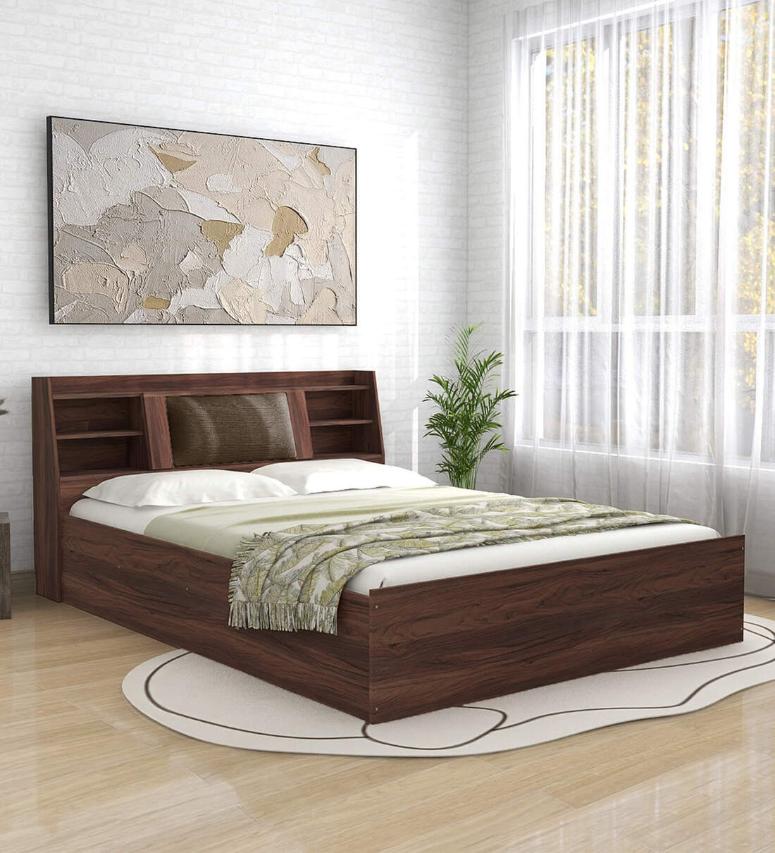 Buy Midori Queen Size Upholstered Bed in Light Brown & Walnut Colour