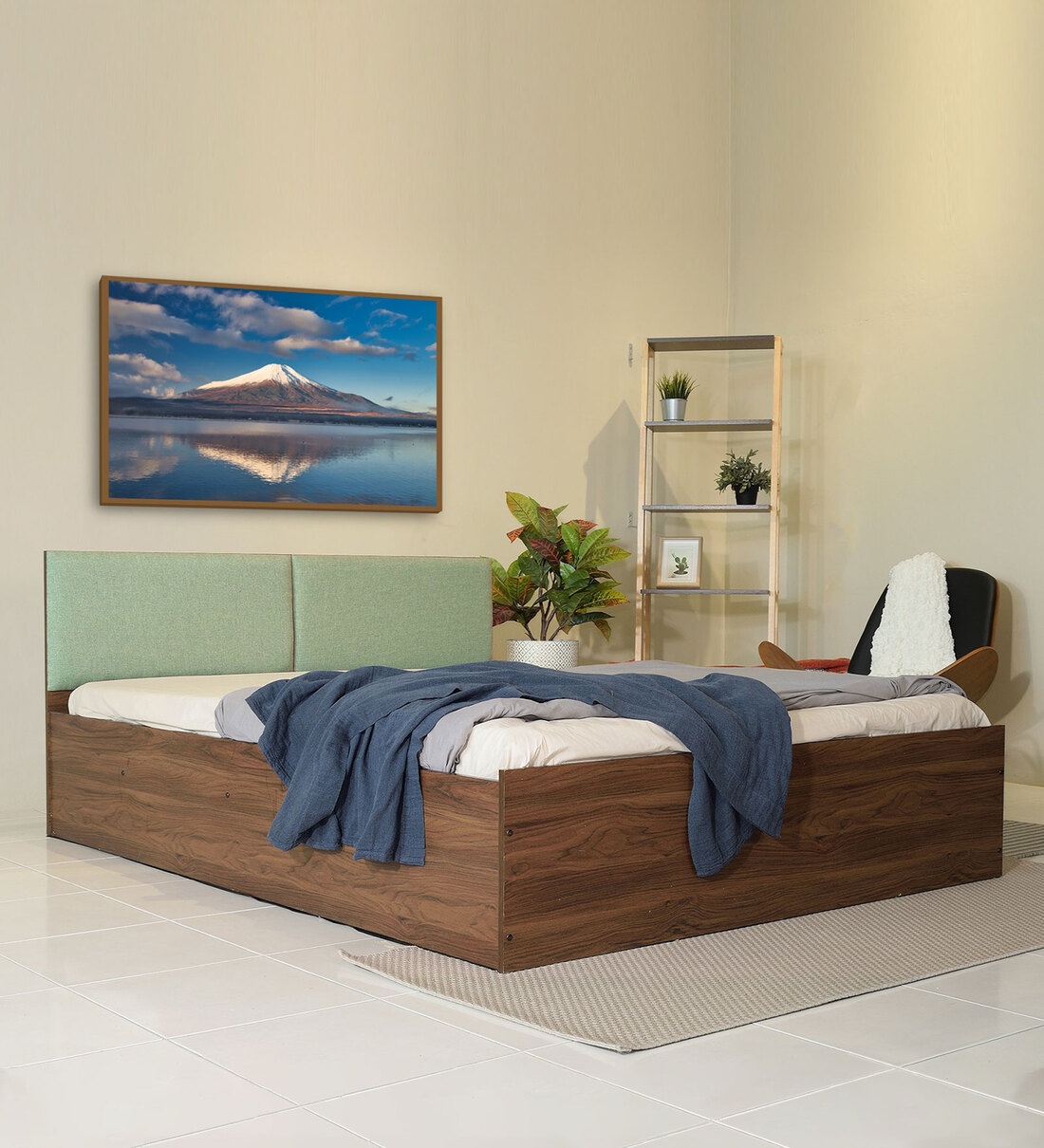 Buy Michi Queen Size Upholstered Bed in Mint Green & Walnut Colour With