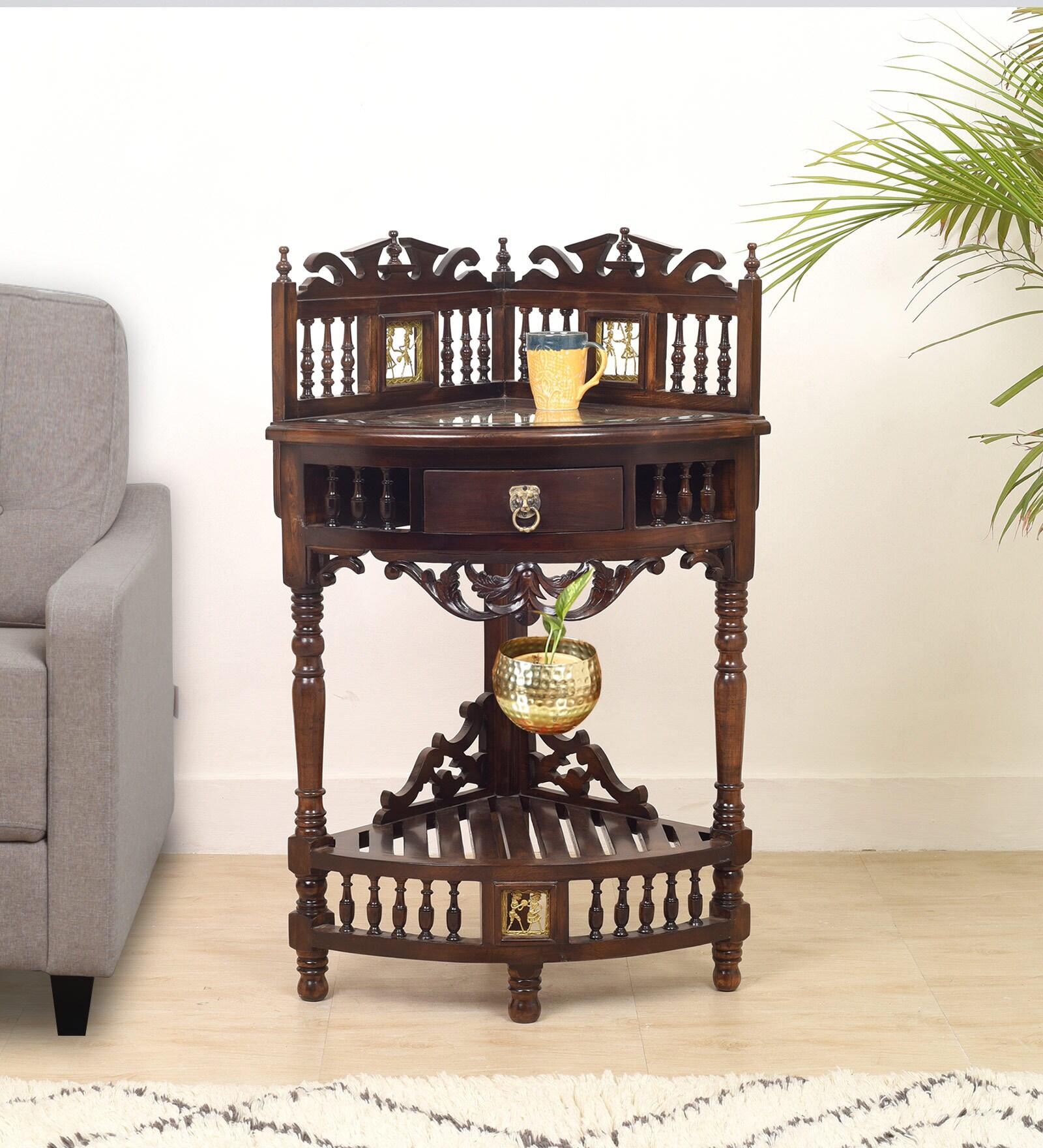 Quadro-Ii Solid Wood Corner Table in Walnut Colour