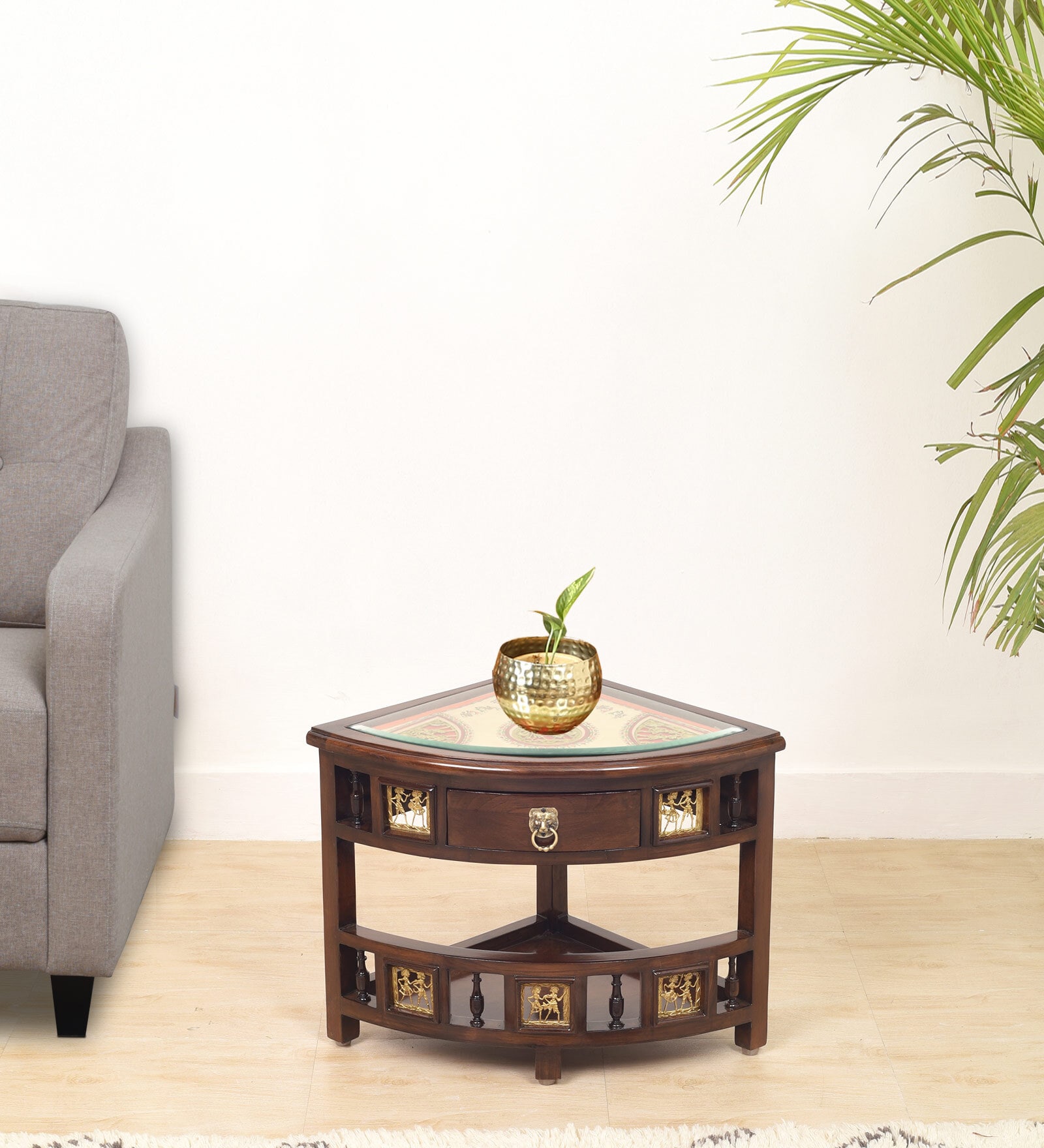 Quadro Solid Wood Corner Table in Walnut Colour