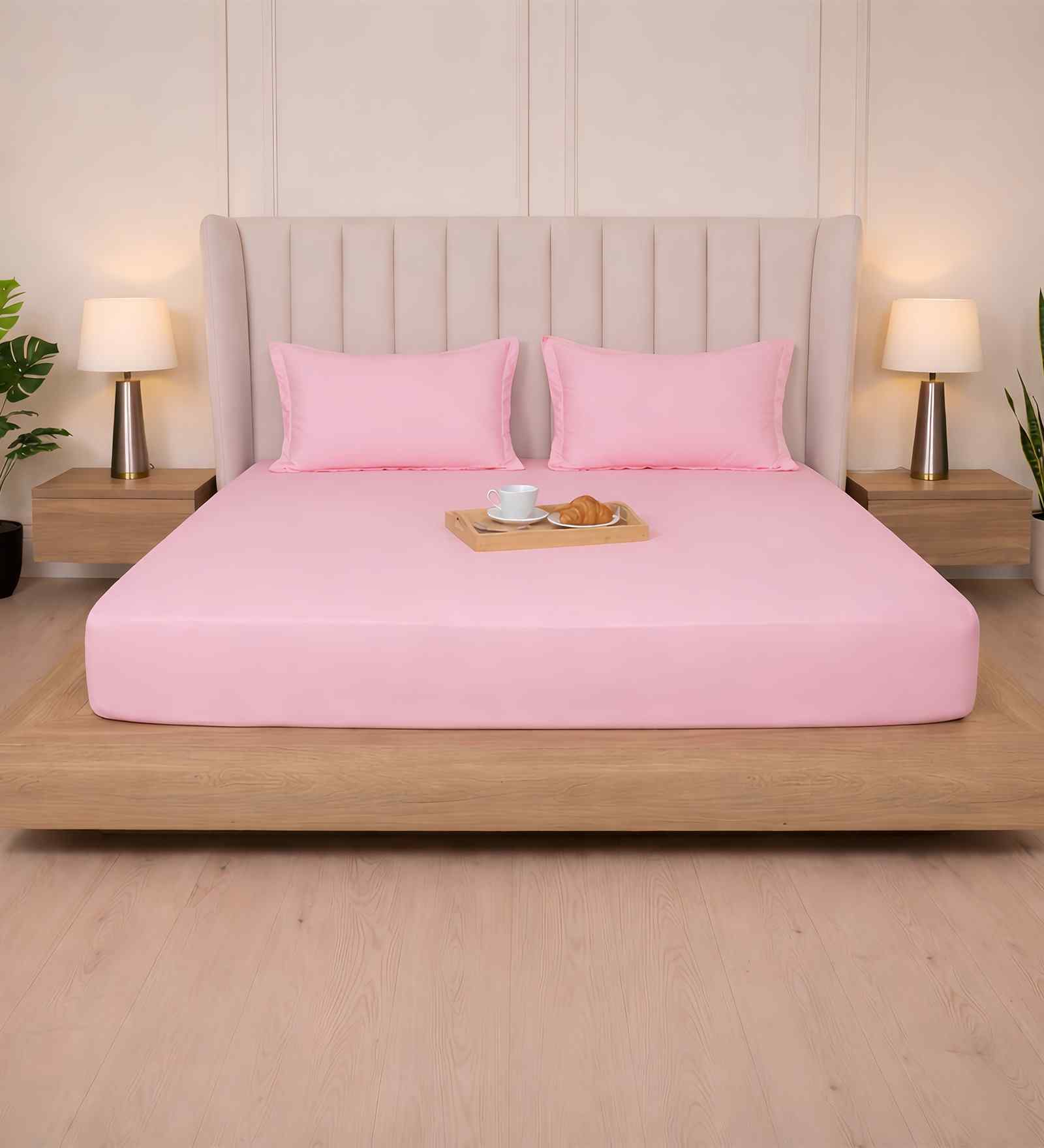 Quarts Pink Solid 300 TC Pure Cotton King Fitted Bedsheet with 2 Pillow Covers