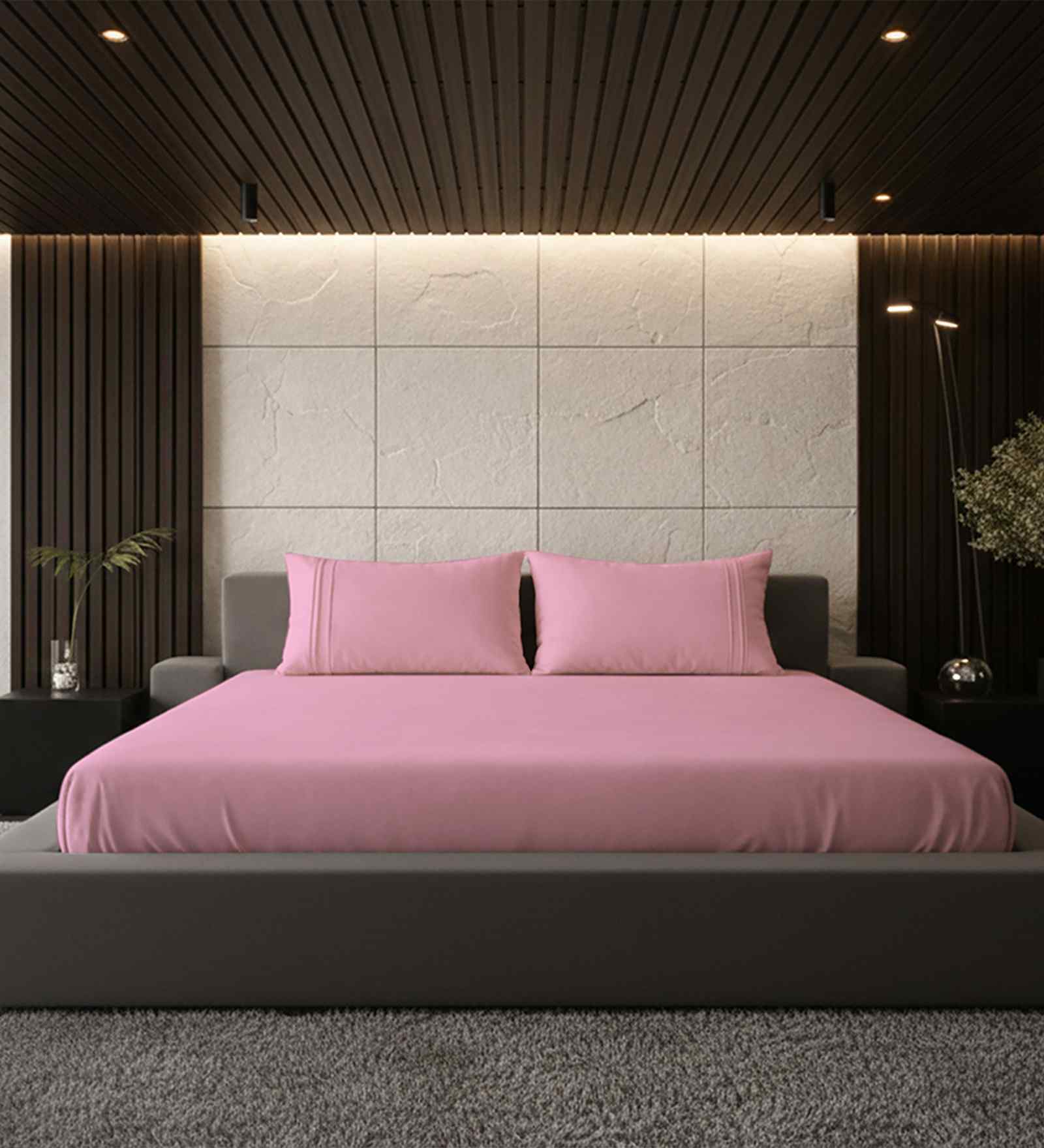 Quarts Pink Solid 500 TC Pure Cotton King Fitted Bedsheet with 2 Pillow Covers