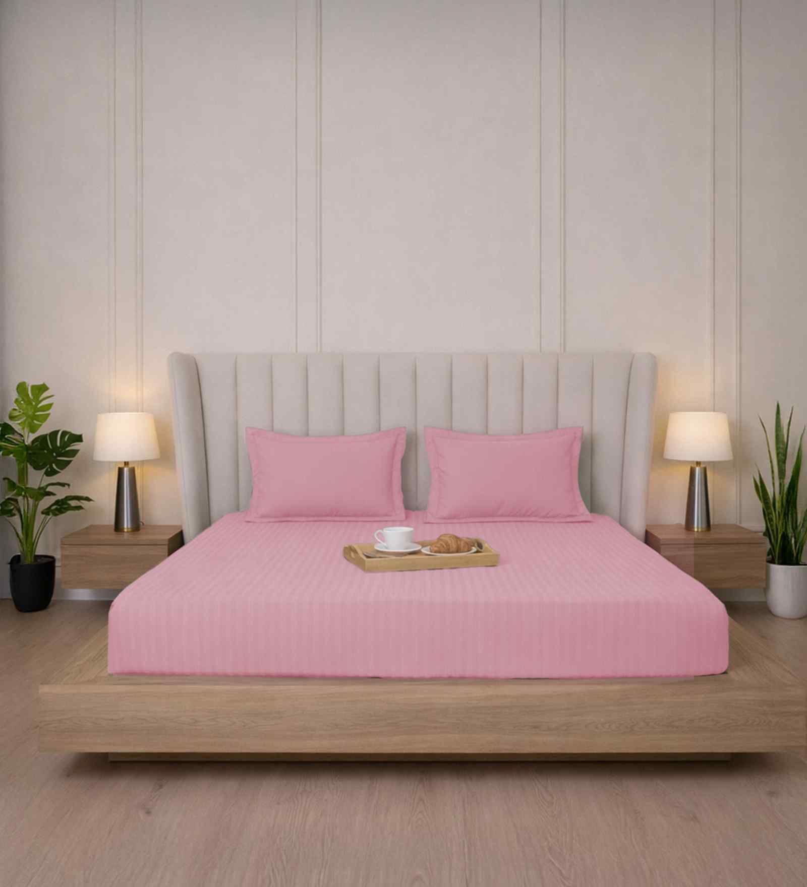 Quarts Pink Stripe 300 TC Pure Cotton King Fitted Bedsheet with 2 Pillow Covers