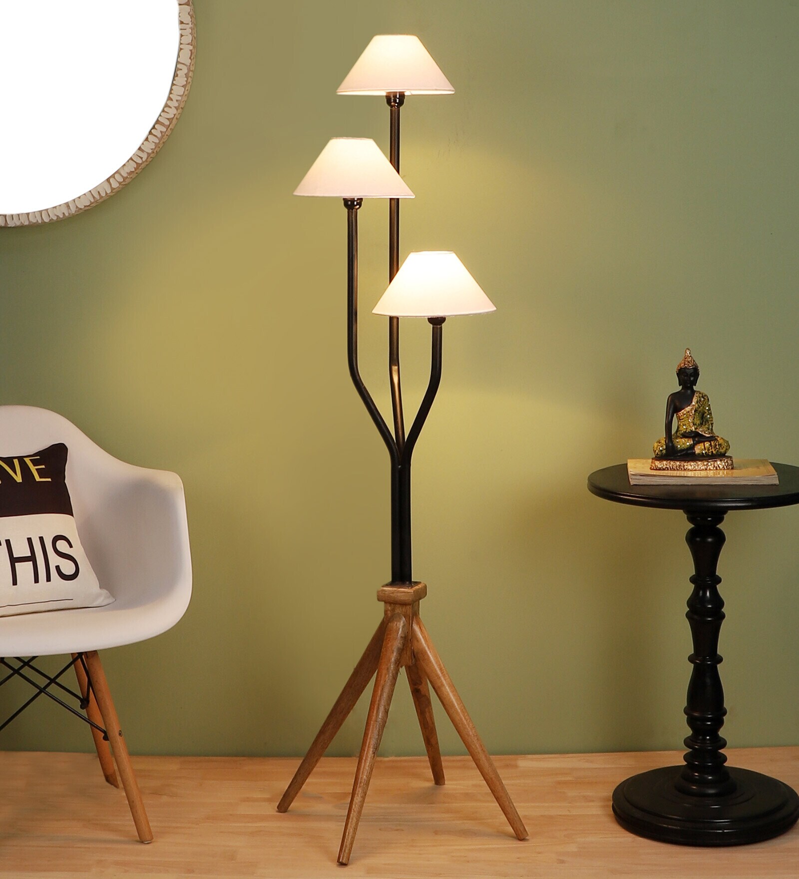 Trento White Cotton Shade Novelty Floor Lamp With Mango wood Base