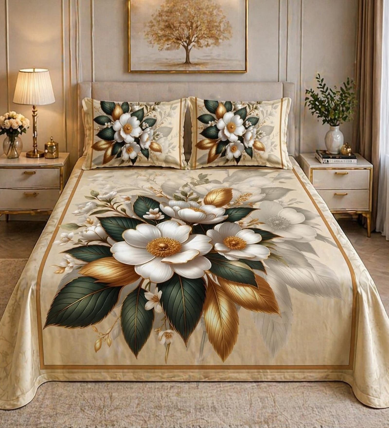 Brown 7D Digital Printed Floral Queen Size Bedsheet Sheet with 2 Matching Pillow Covers
