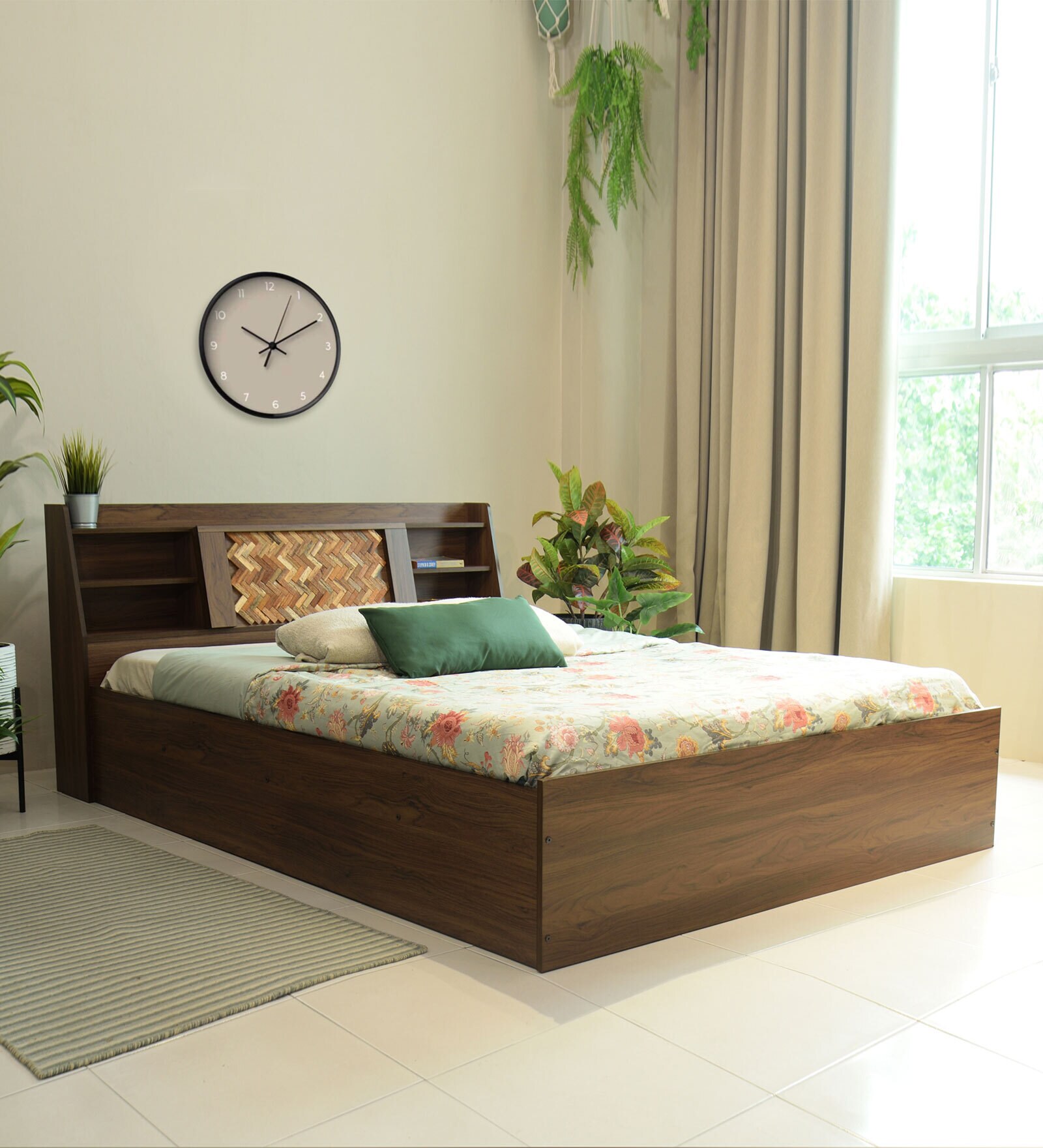 Hoshiko Queen Size Bed in Walnut Finish With Box Storage