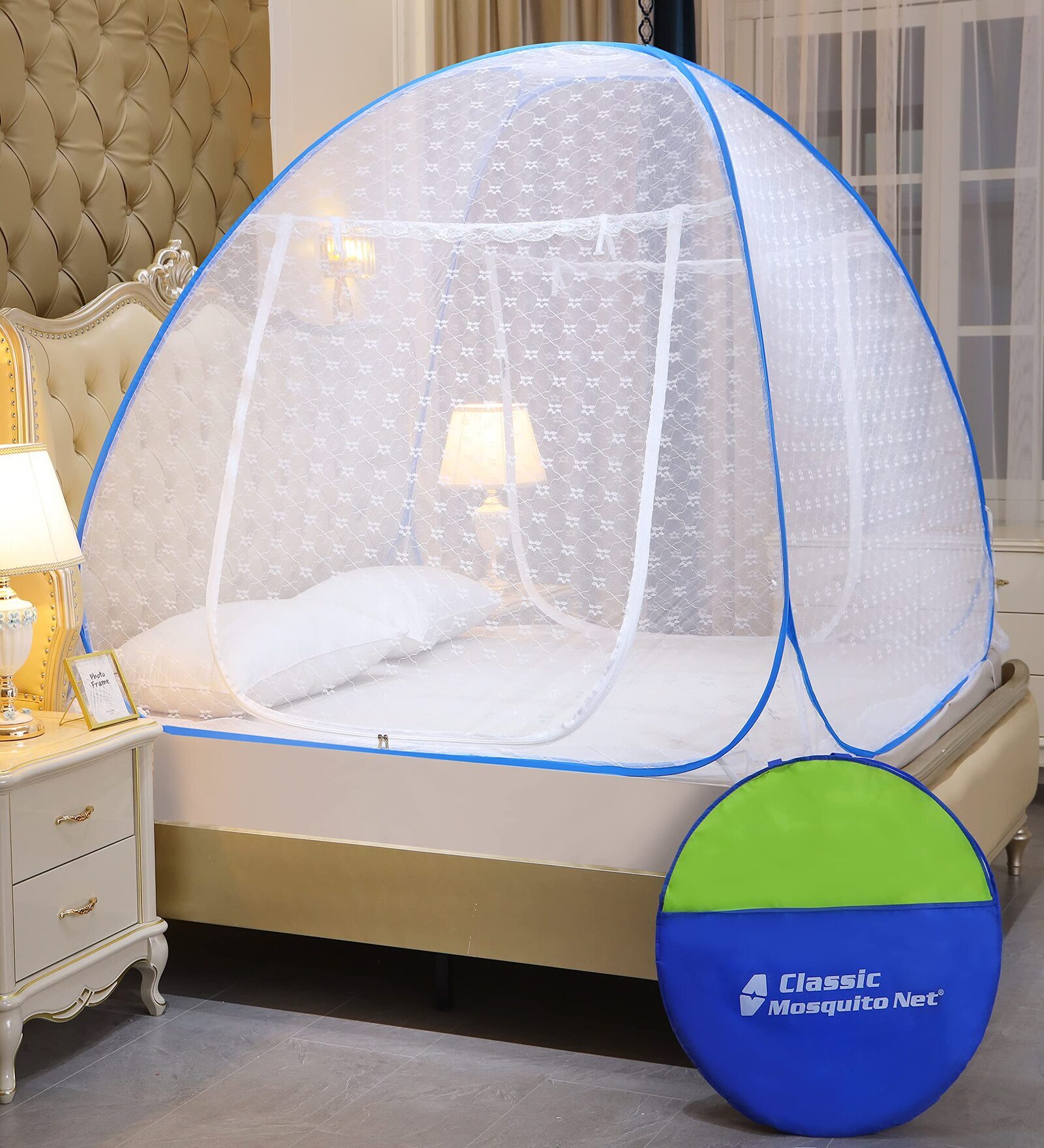 Queen Size Bed Polyester Embroidery Mosquito Net In Blue