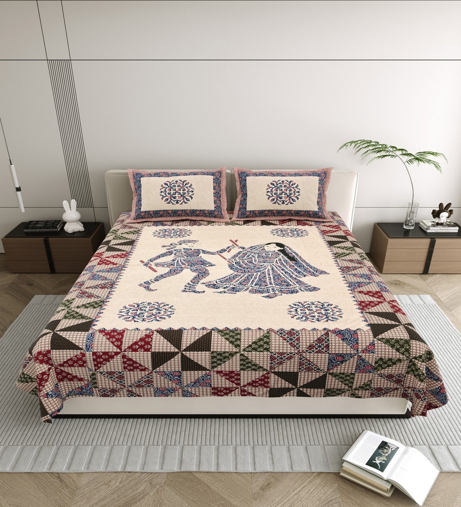 Cream Traditional print 144 TC Cotton King Size  Bedsheet With 2 Pillow Cover
