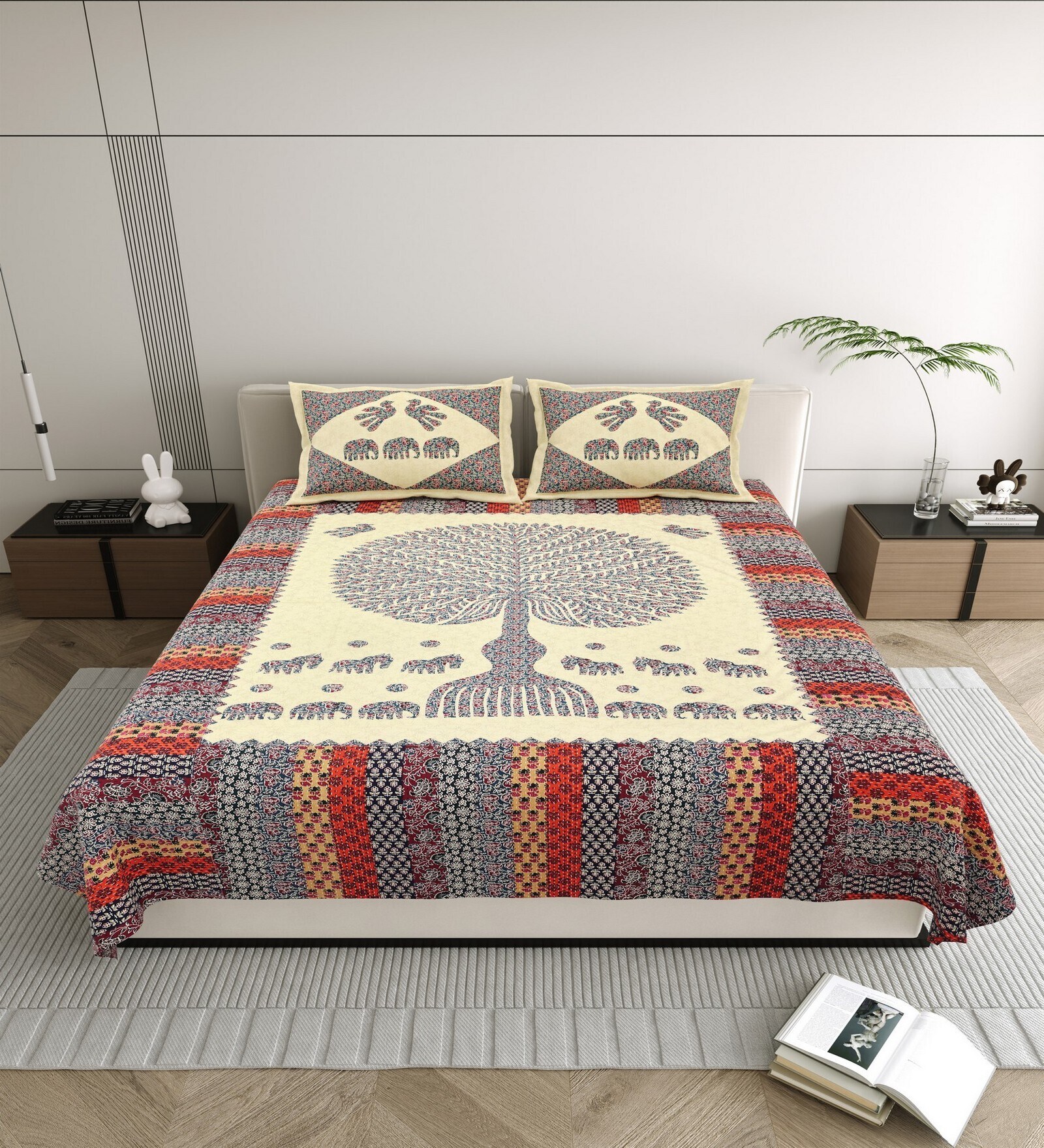 Cream Traditional print 144 TC Cotton King Size  Bedsheet With 2 Pillow Cover