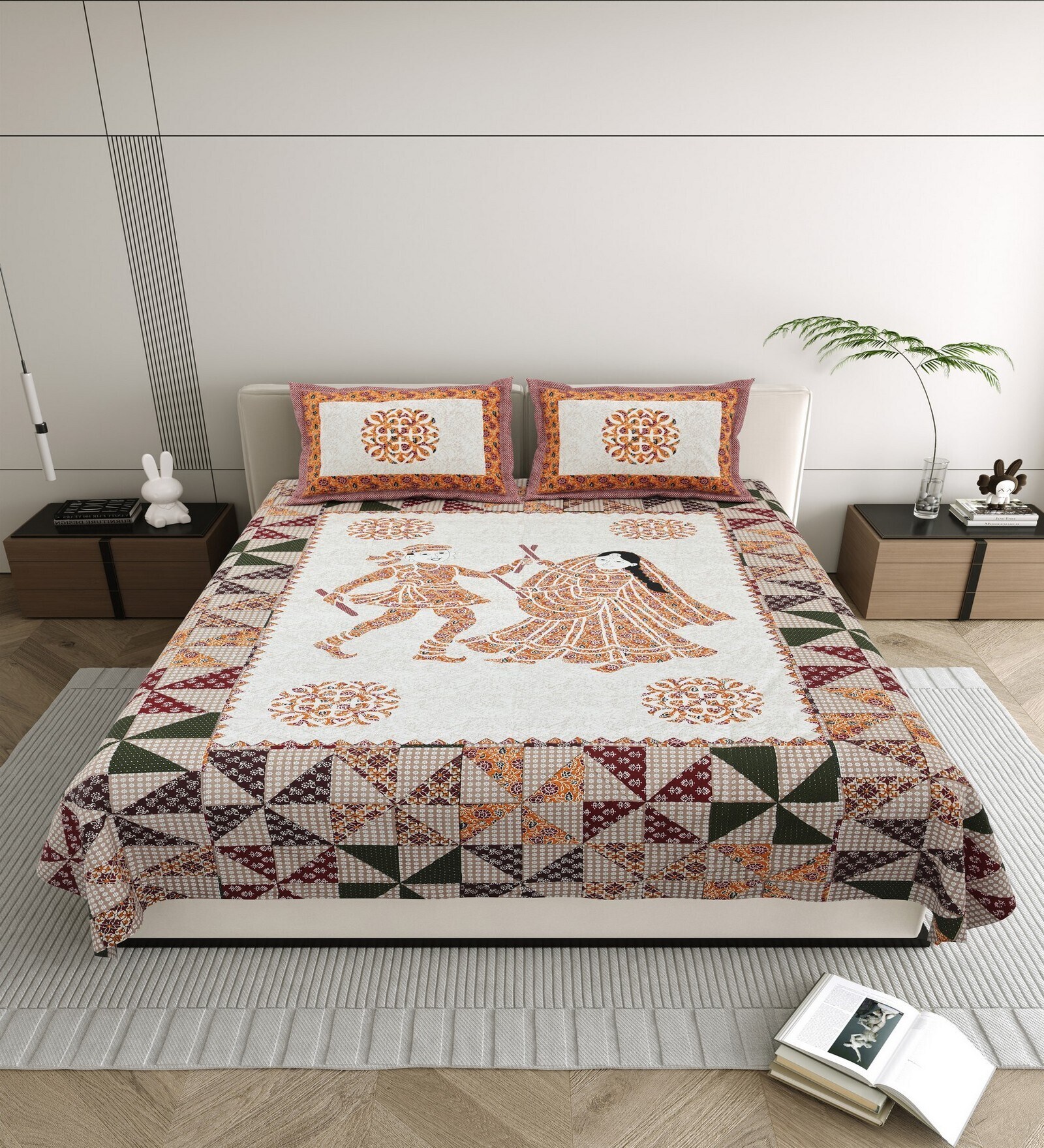 Orange Traditional print 144 TC Cotton King Size  Bedsheet With 2 Pillow Cover