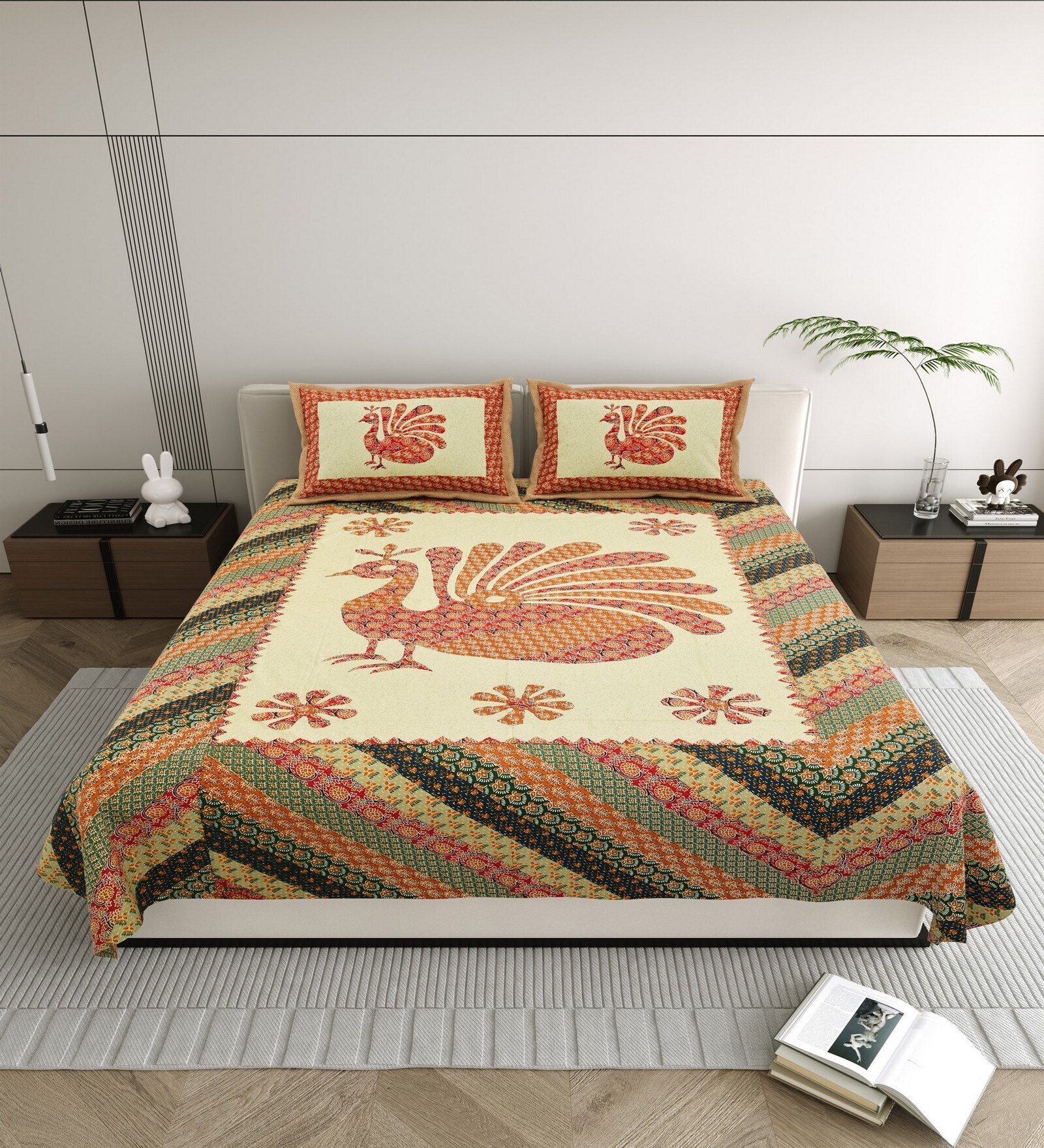 Orange Peacock 144 TC Cotton King Size  Bedsheet With 2 Pillow Cover