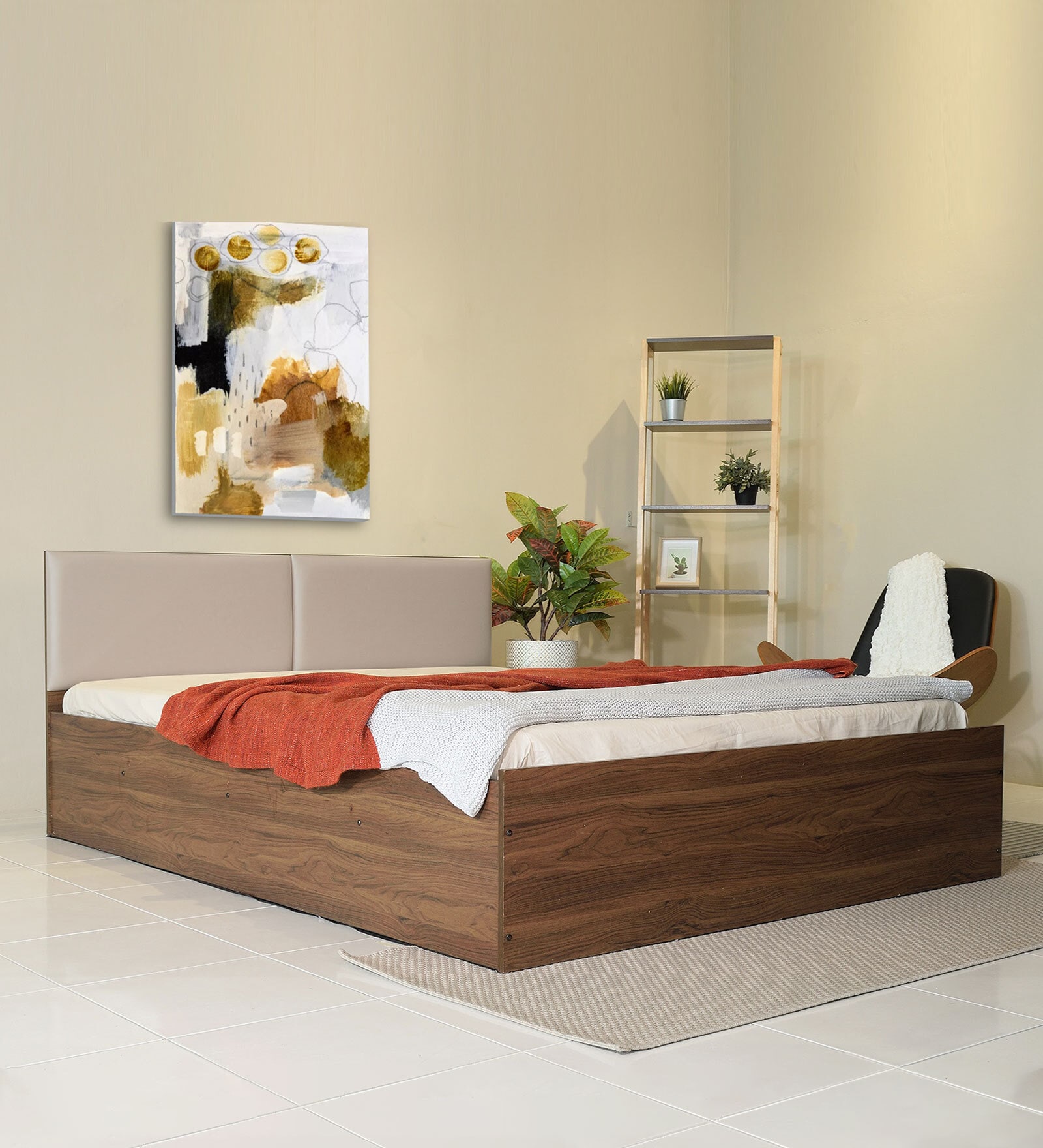 Michi Queen Size Upholstered Bed In Walnut Colour With Box Storage