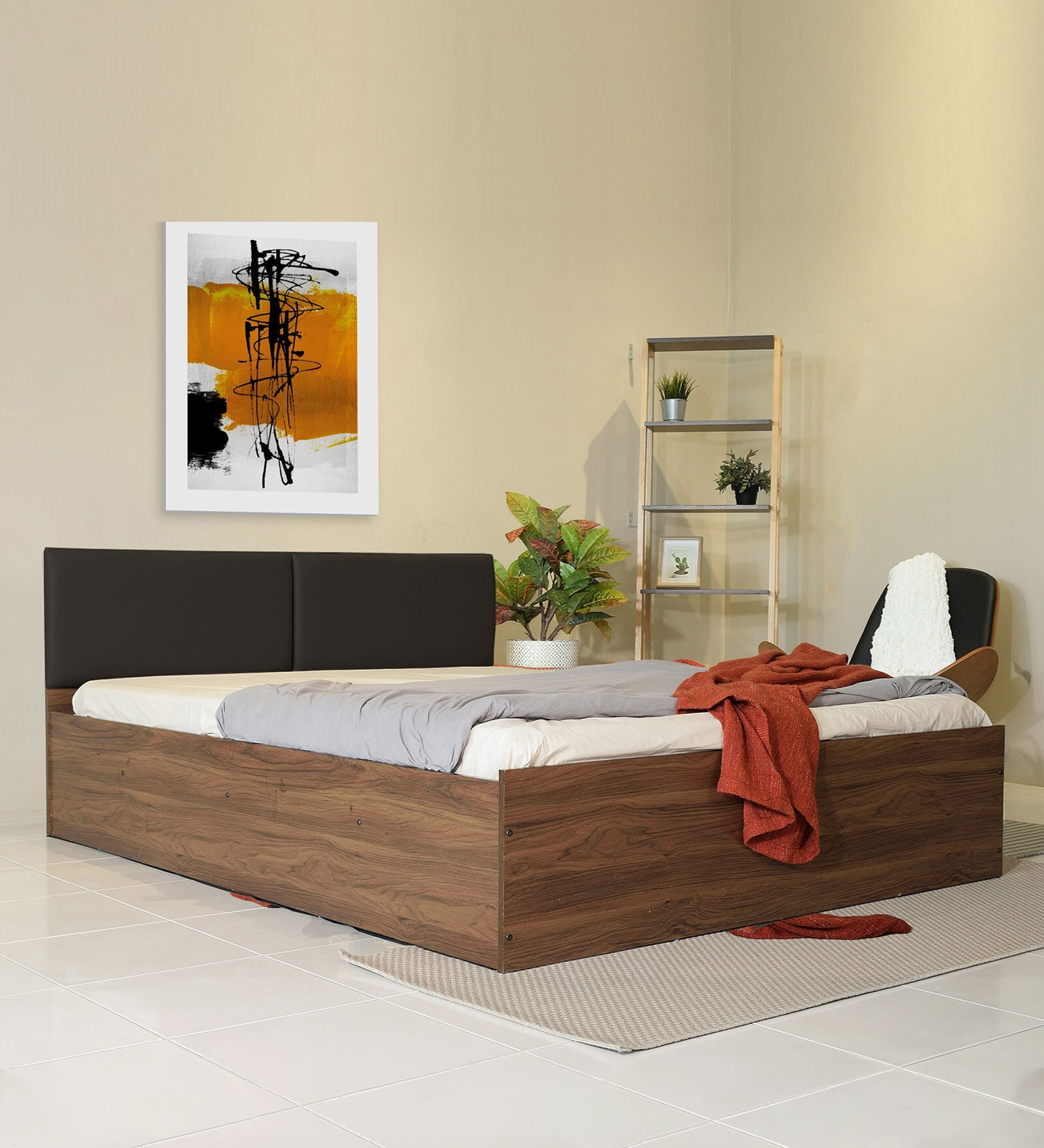 Michi Queen Size Upholstered Bed In Walnut Colour With Box Storage