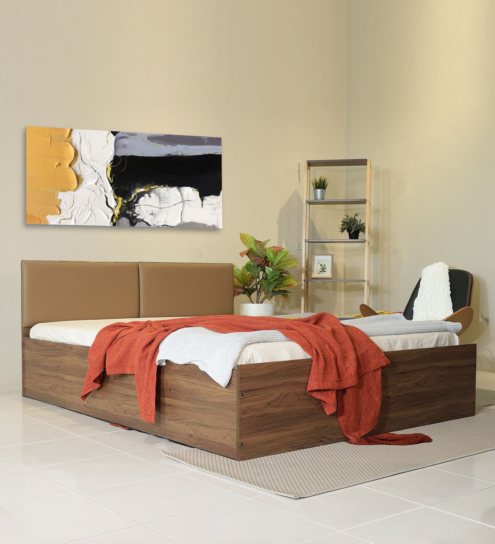 Michi Queen Size Upholstered Bed In Tan Leatherette & Walnut Colour With Box Storage