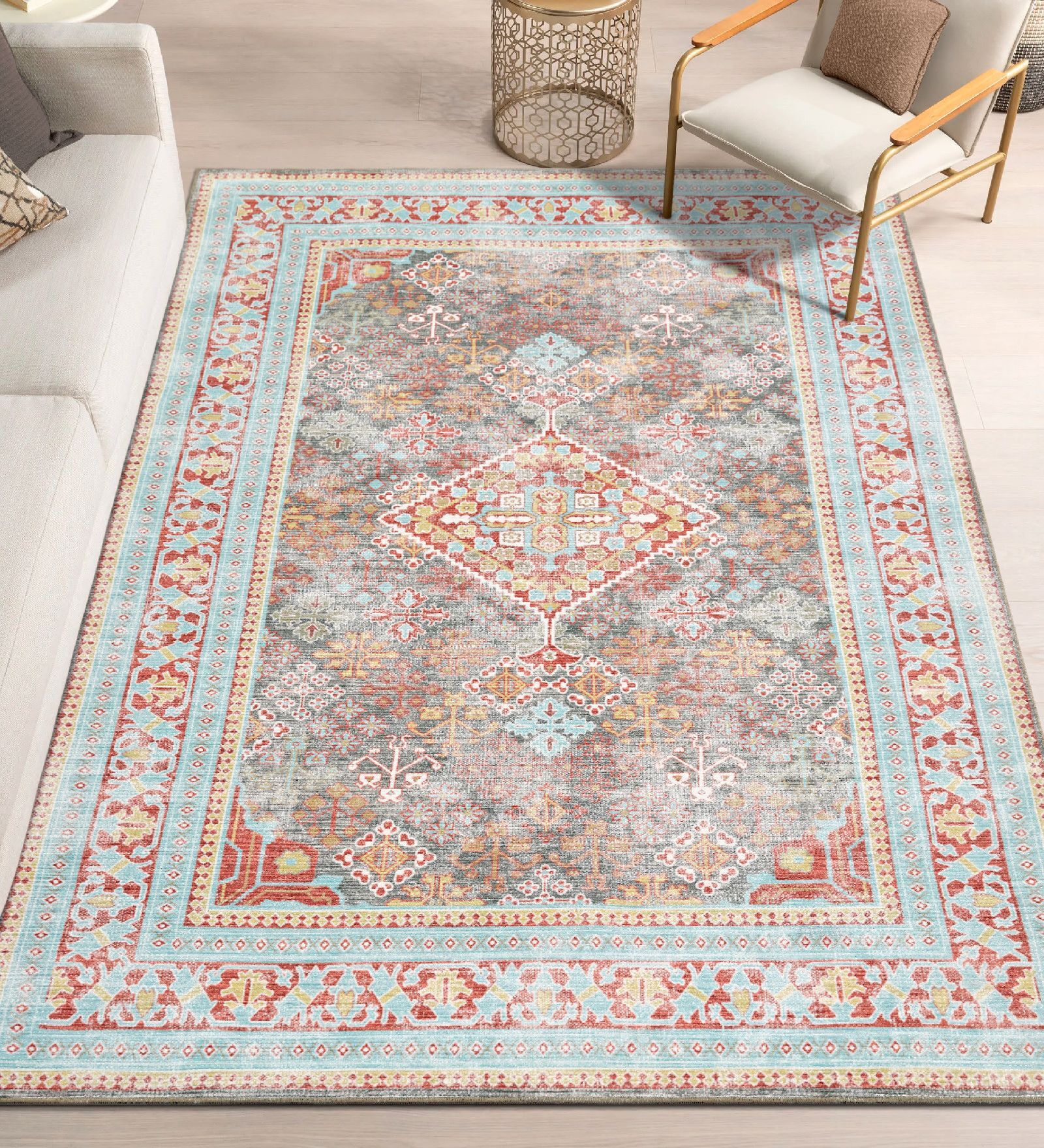 Quench Blue Rust Traditional Polyester 4 ft x 6 ft Machine Made Carpet