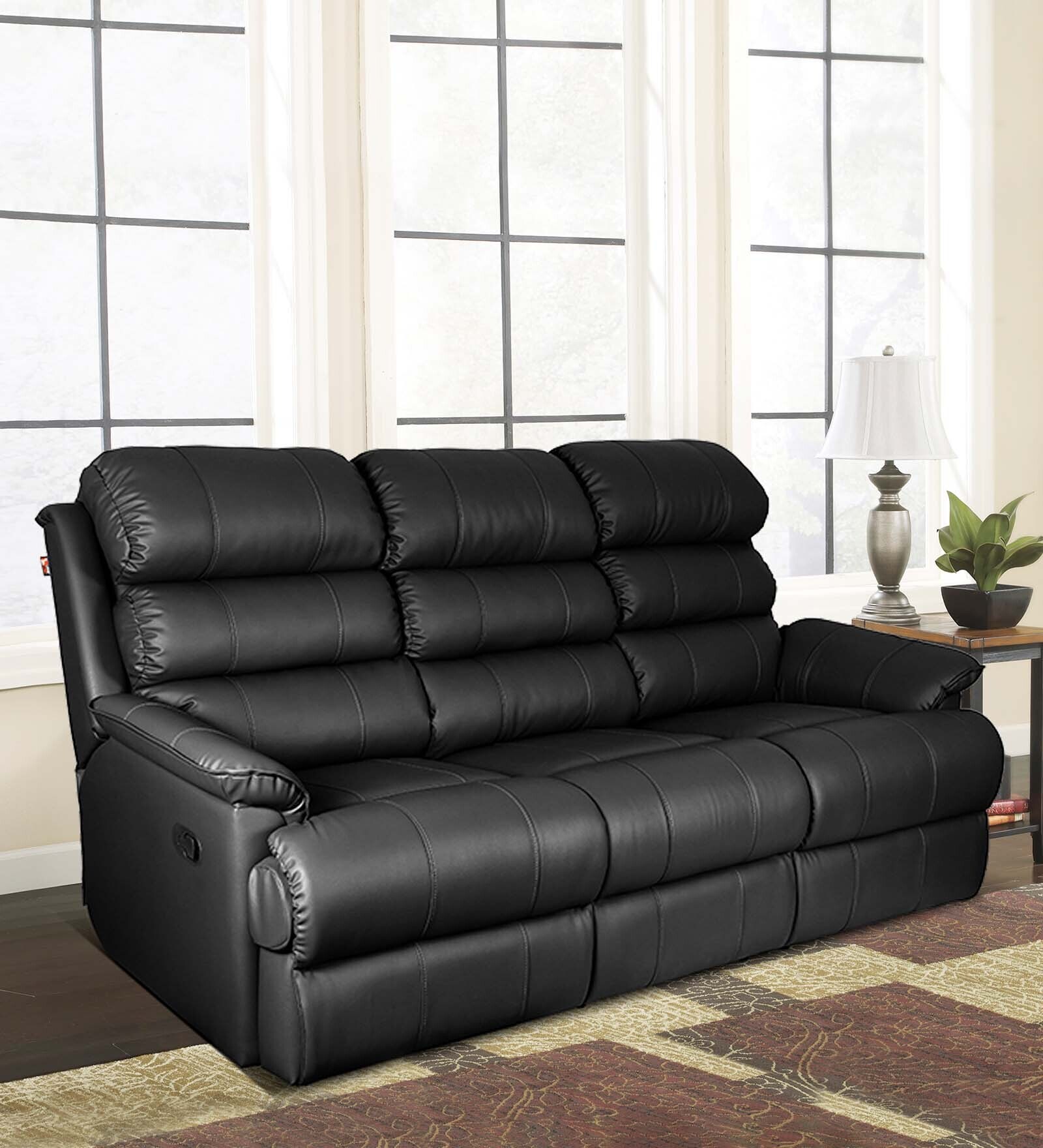 Quies Leatherette Manual 3 Seater Recliner In Black Colour Quies Leatherette Manual 3 Seater Recliner In Black Colour