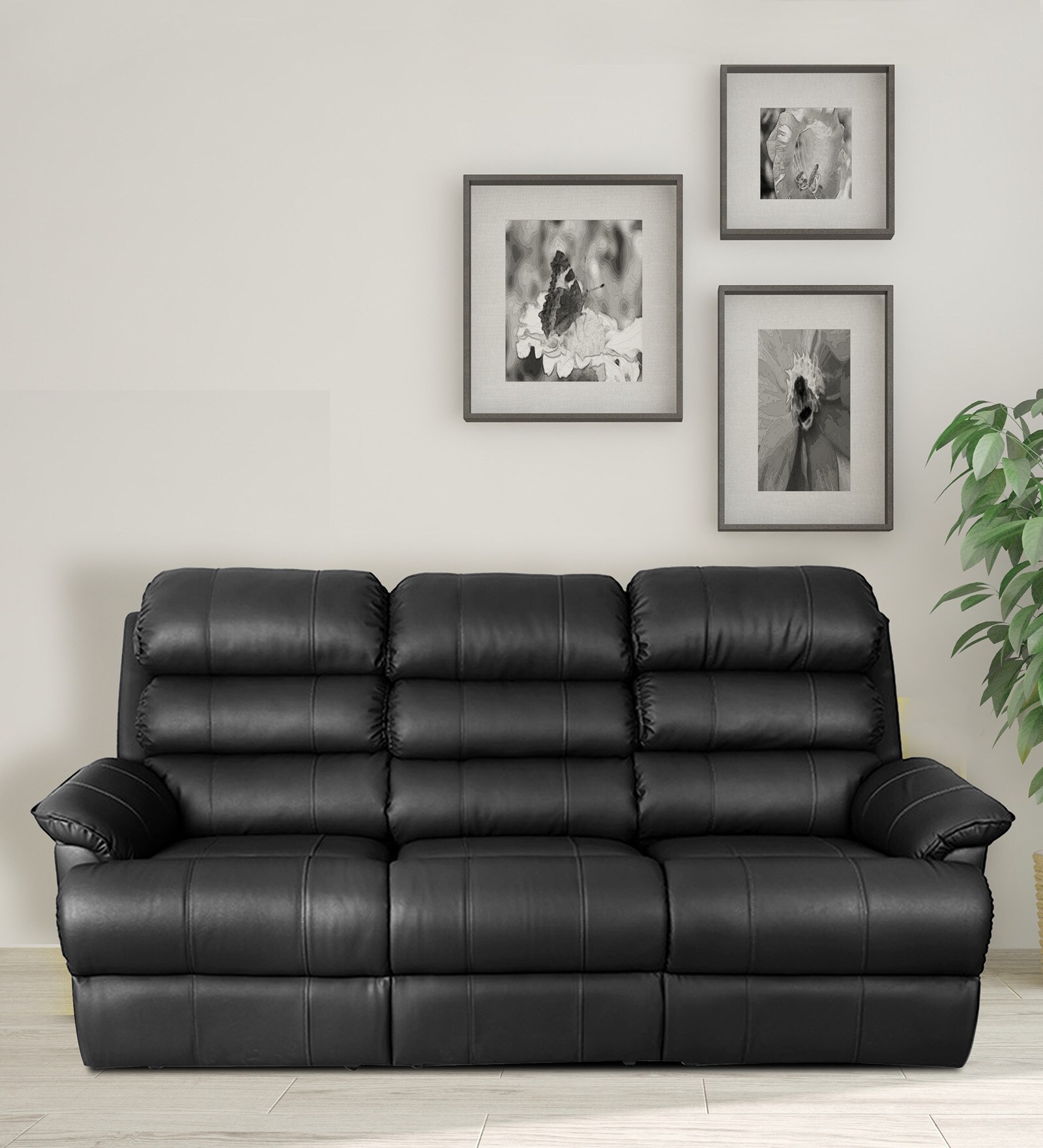 Buy Quies Three Seater Sofa with 2 Manual Recliners in Black Colour by
