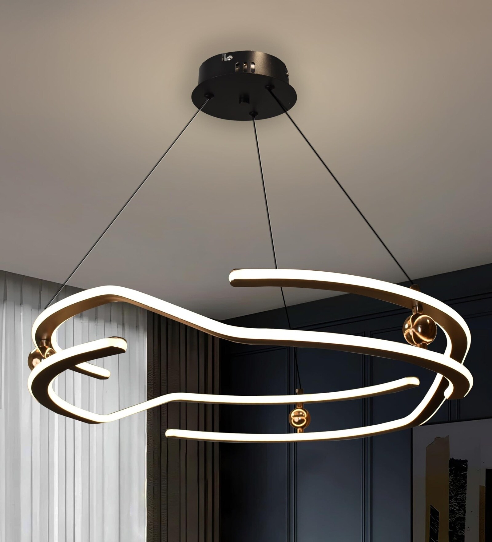 Quill Modern LED Ceiling Chandelier, Curved CShape Gold Design, Smart Hanging Light with Alexa Google Control, 3 Color Modes Adjustable Ceiling Light for Living Room Bedroom Dining Hall