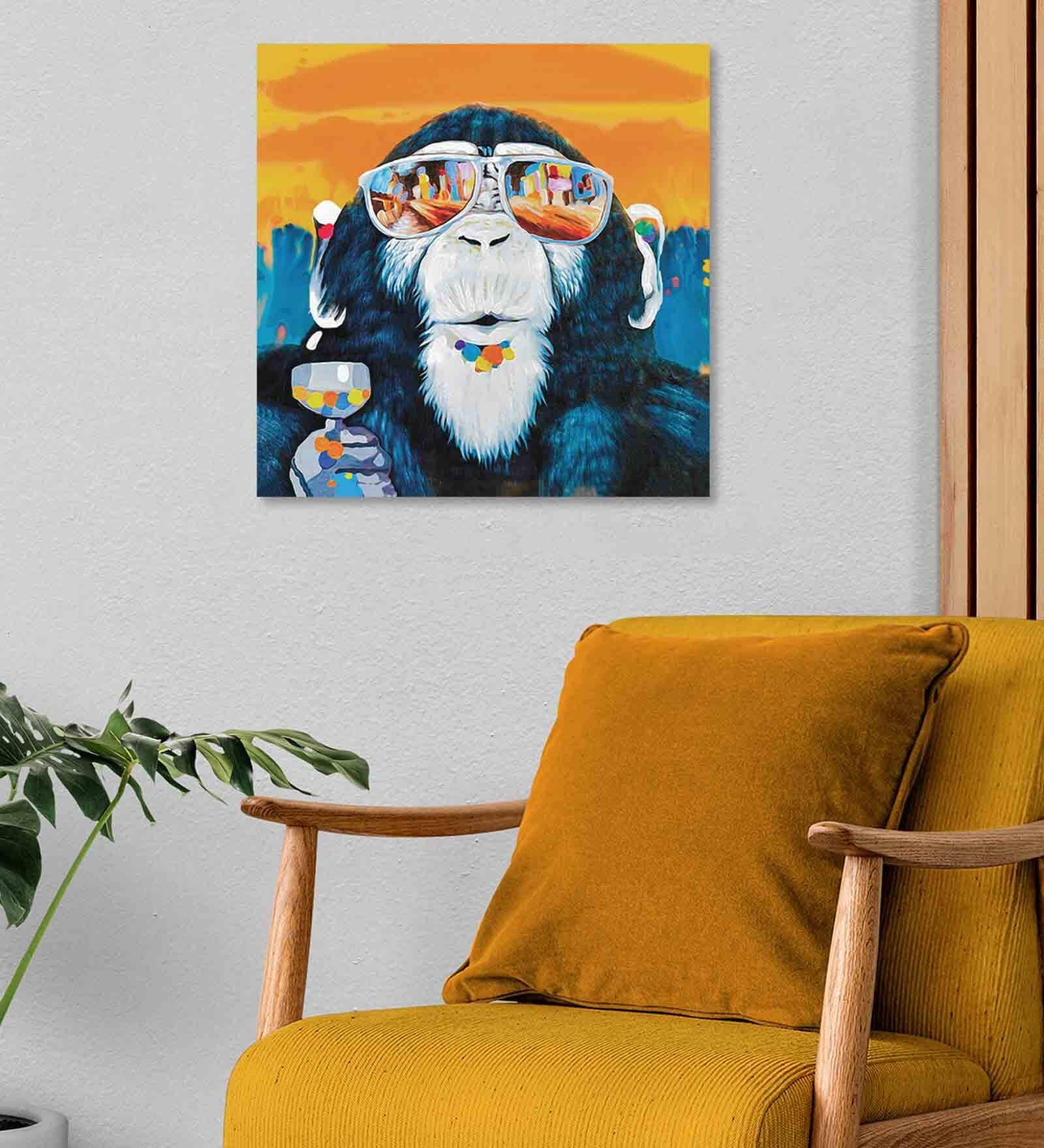 Quirky Chimpanze Grey Teak Wood Canvas Art Print