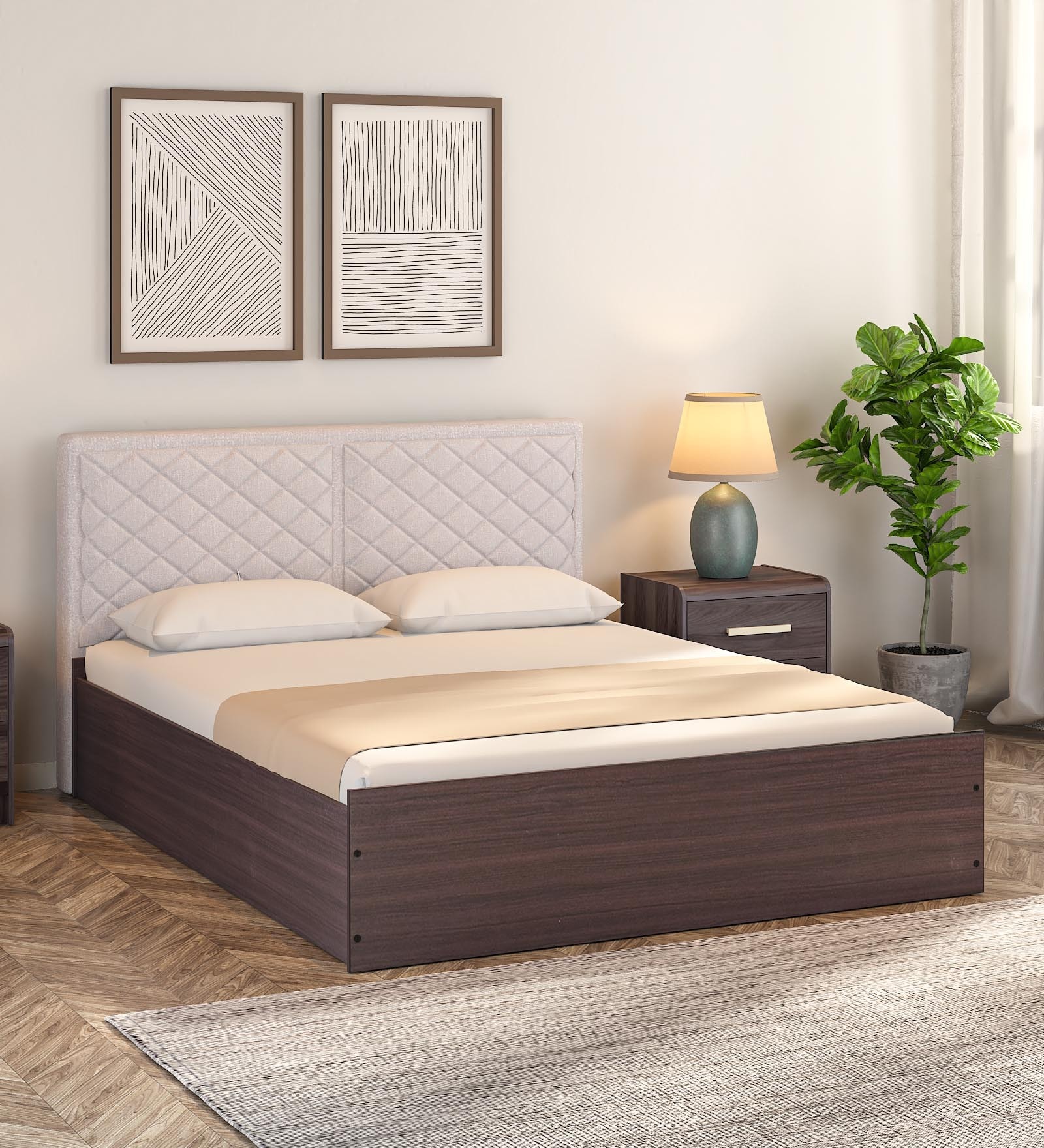Qunitino Queen Size Bed In Walnut Finish With Box Storage