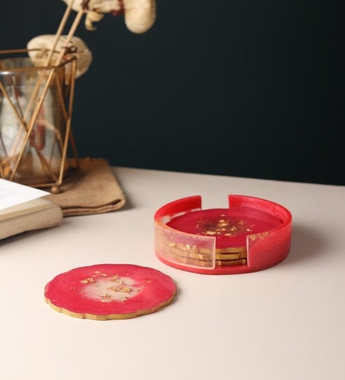 Set Of 4 Red Resin Quartz Glow Coaster-image-40