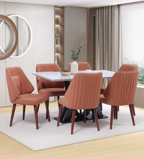 Quayside Marble Top 6 Seater Dining Set In Textured White Color