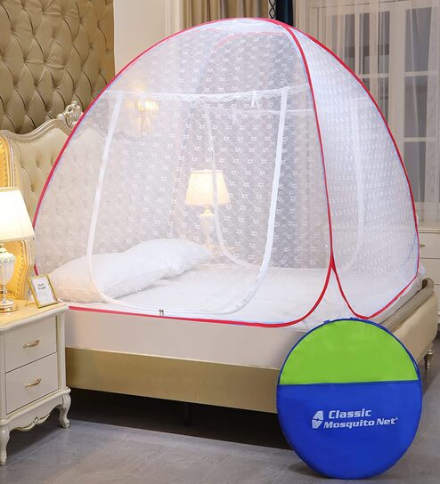 Queen Size Bed Polyester Embroidery Mosquito Net In Red