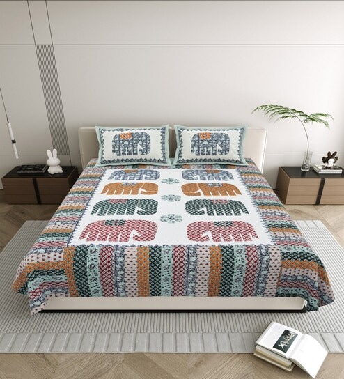 Green Elephant Print 144 TC Cotton King Size  Bedsheet With 2 Pillow Cover