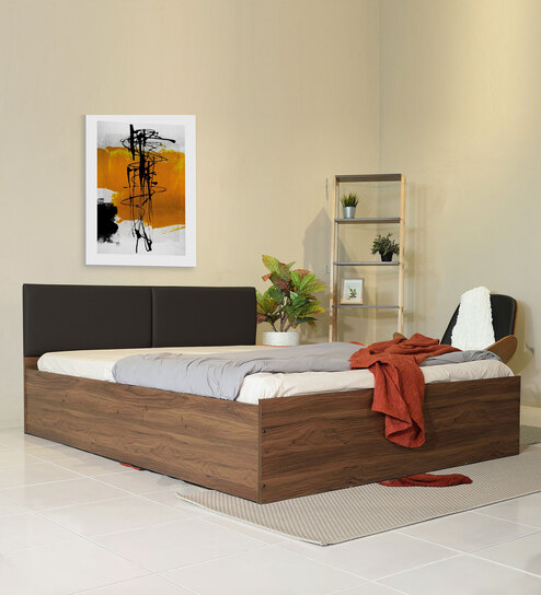 Michi Queen Size Upholstered Bed In Walnut Colour With Box Storage