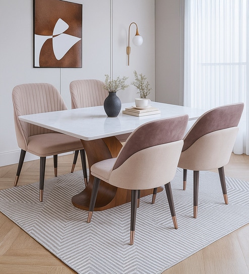 Queensgate Teak Wood 4 Seater Dining Set With Marble Top In Textured White Color