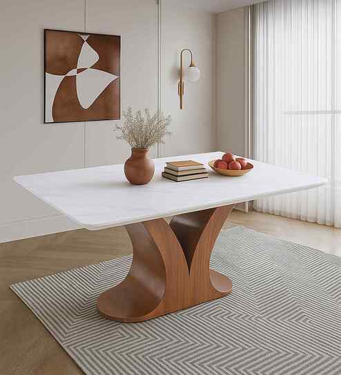 Queensgate Marble 6 Seater Dining Table In Textured White Color