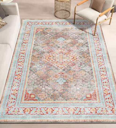 Quench Blue Rust Traditional Polyester 4 ft x 6 ft Machine Made Carpet