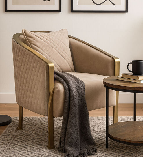 QuiltedGold Fabric Low Back Lounge Chair in Biege Colour
