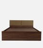 Michi Queen Size Upholstered Bed In Tan Leatherette & Walnut Colour With Box Storage