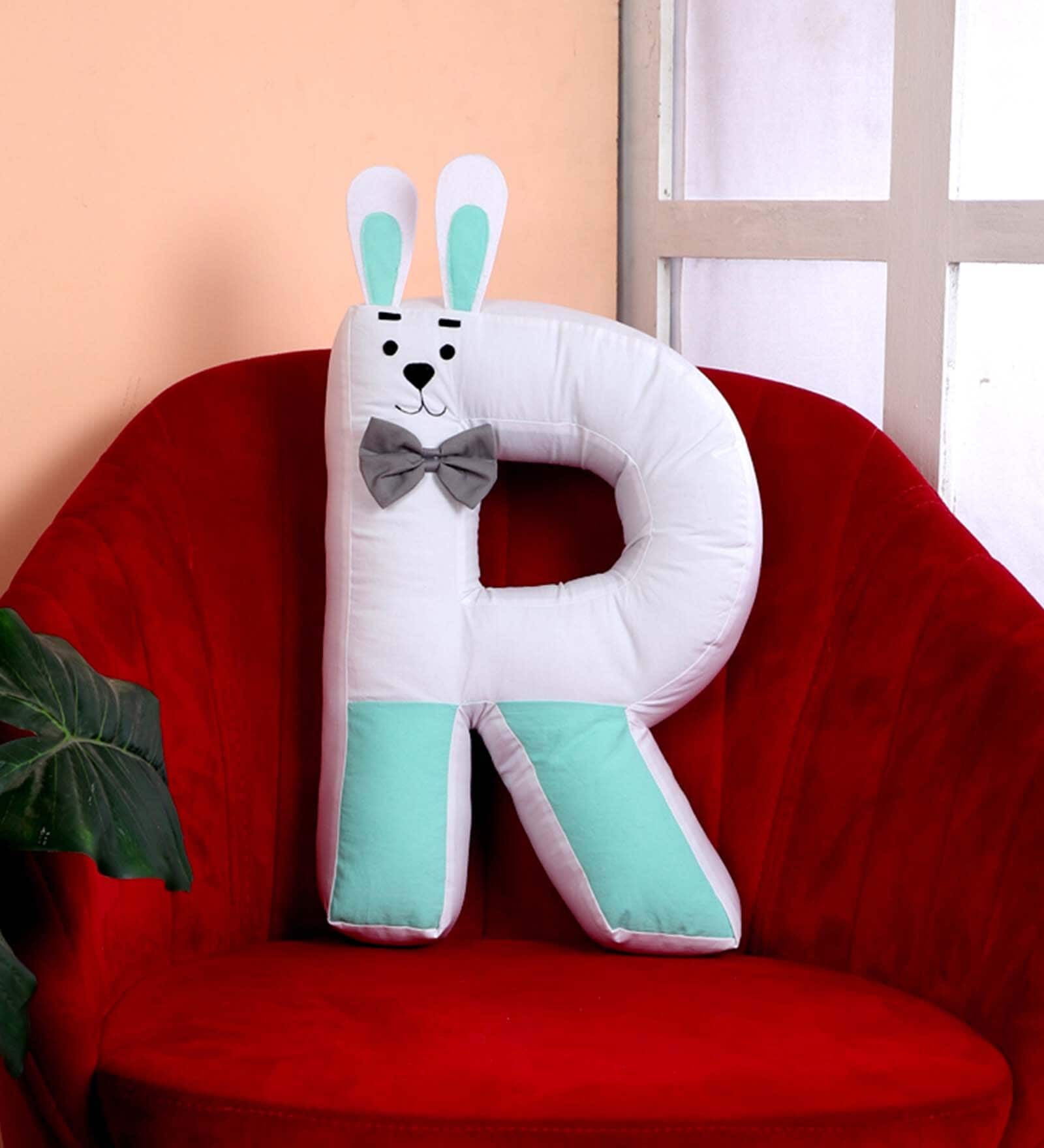 White & Blue Cotton R Alphabet Shaped Pillow