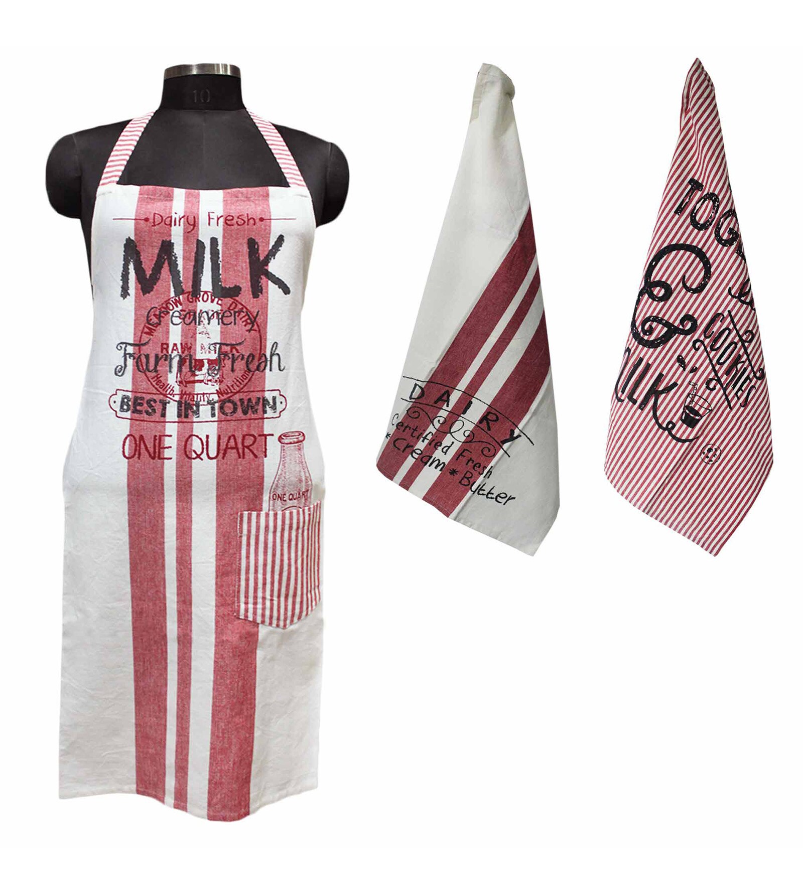 R Home Printed Red Cotton Apron with Kitchen Towel
