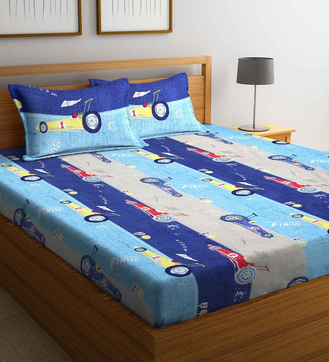 Buy Racing Car Themed Double Bedsheet with 2 Pillow Covers in Blue Colour by Klotthe Online