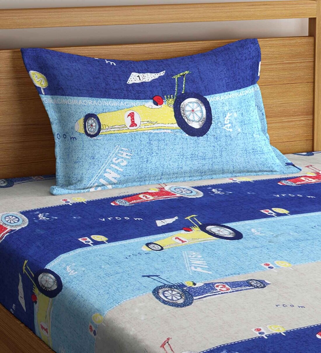 Buy Racing Car Themed Single Bedsheet with Pillow cover in Blue