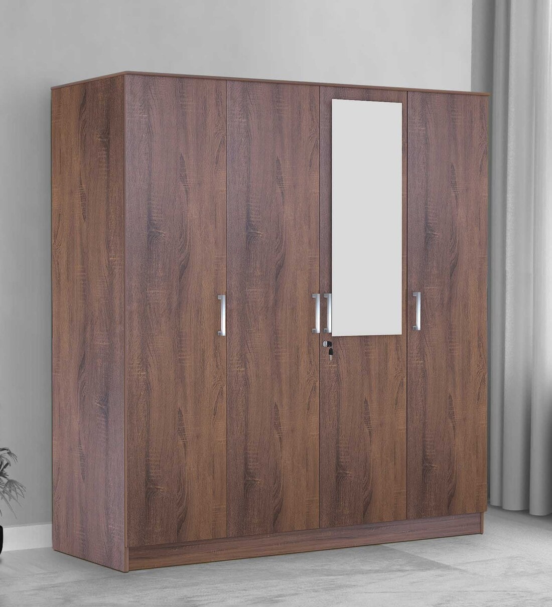 Buy Raidon 4 Door Wardrobe in Walnut Finish with Mirror & Lock at 23