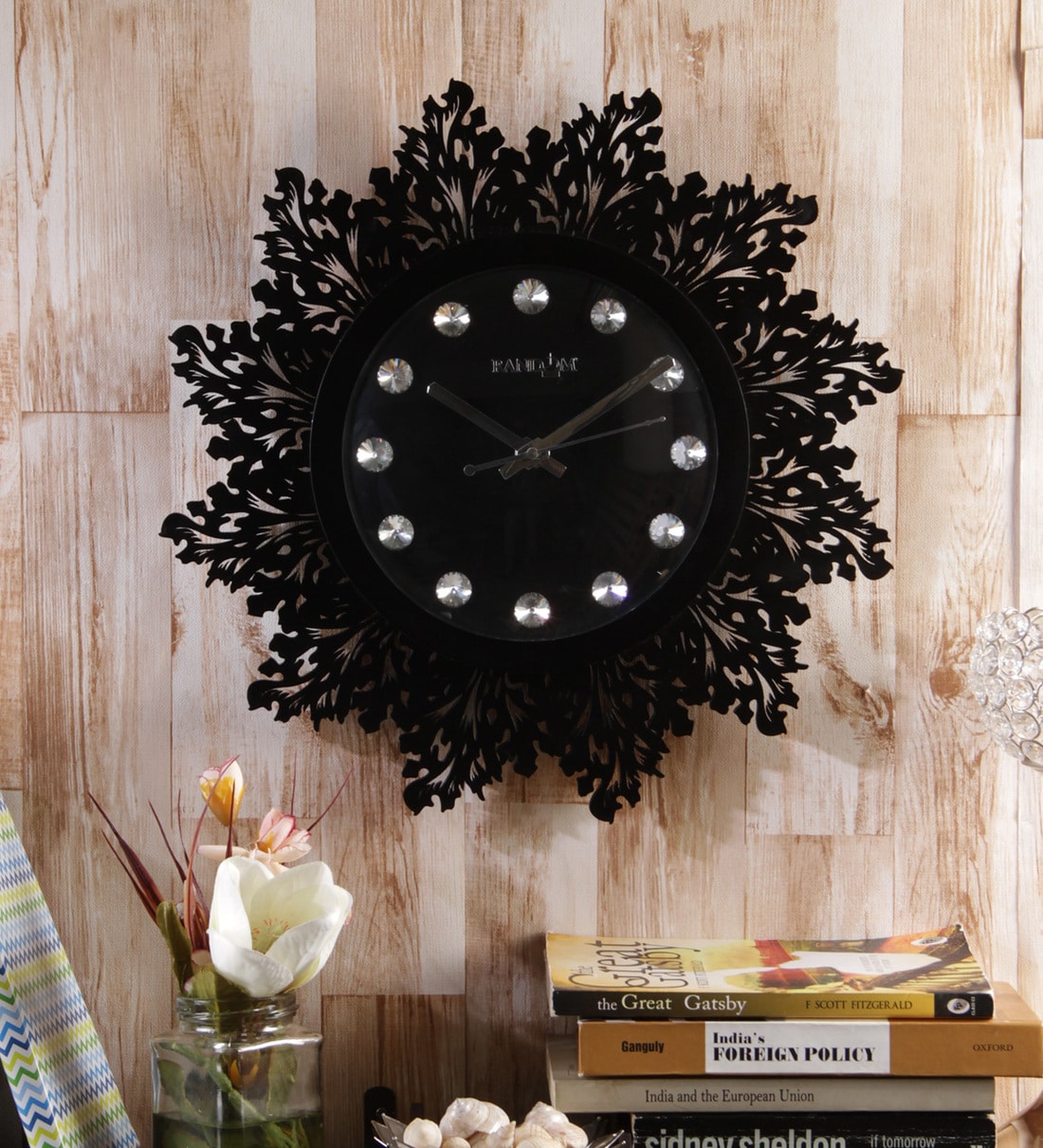 Buy Random Black & Silver Wooden Jewel Artistic Wall Clock