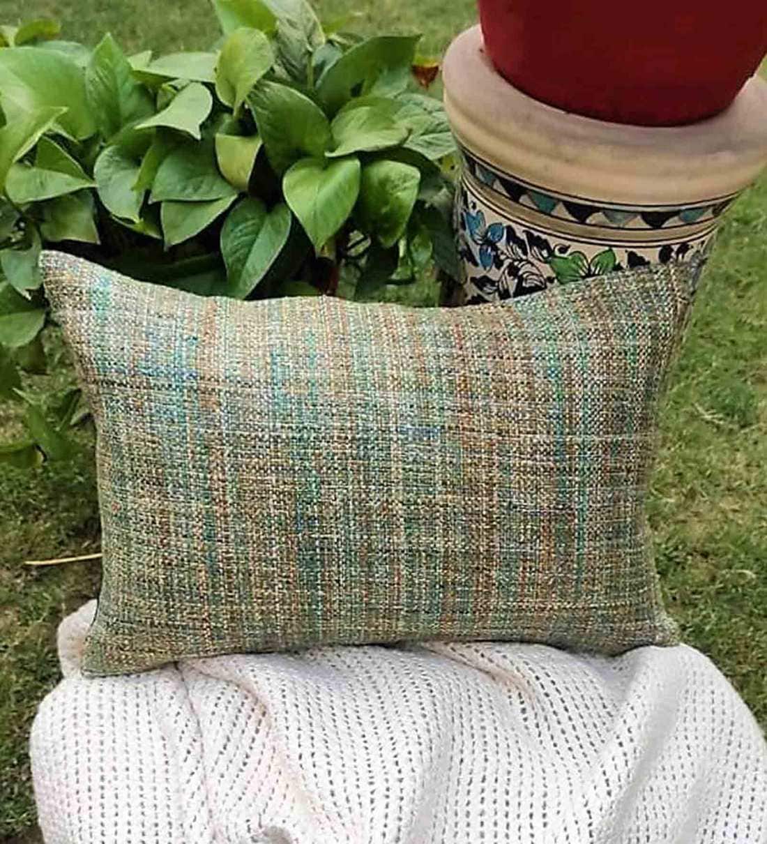 Buy Raw Silk Multicolor Yarn 18 x12 Inch Cushion Cover by House Of