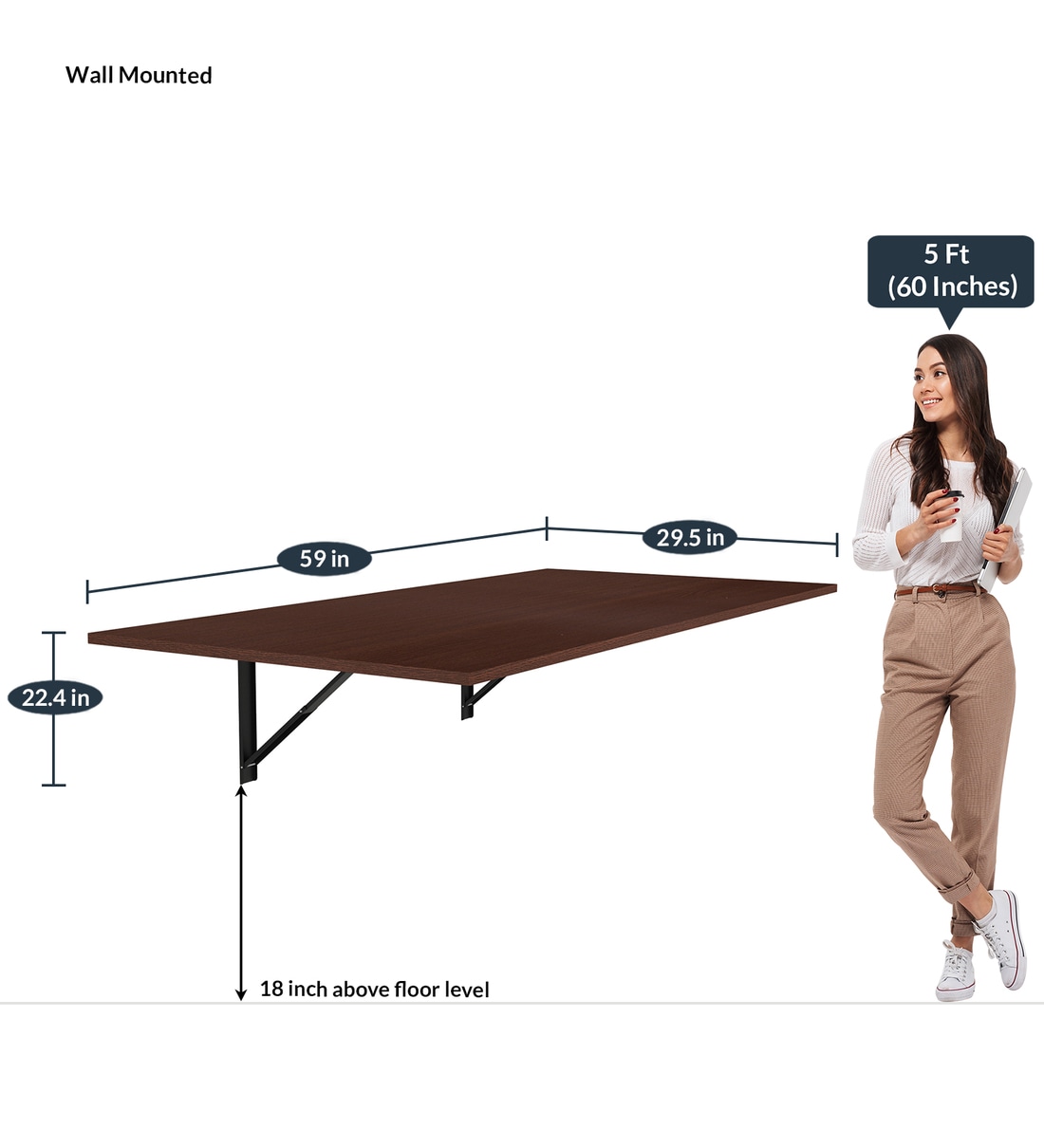 Buy Ray Wall Mounted Foldable 4 Seater Dining Table In Brown Colour by
