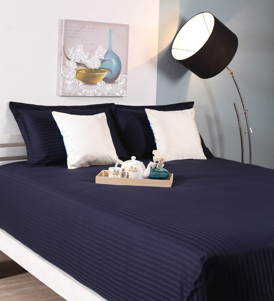 Buy Navy Blue Cotton King Size Bed Sheet Set Of 3 By Raymond Home Online Bedroom Furniture Studio Indirapuram Habitat Centre Studio Pepperfry Pepperfry Product