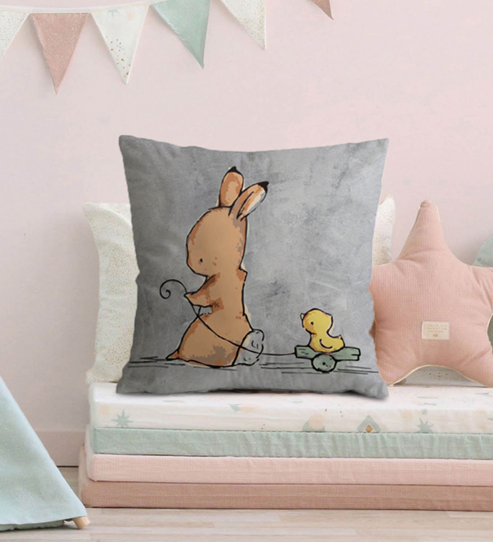 Canvas Cushion with Rabit & Duck Print