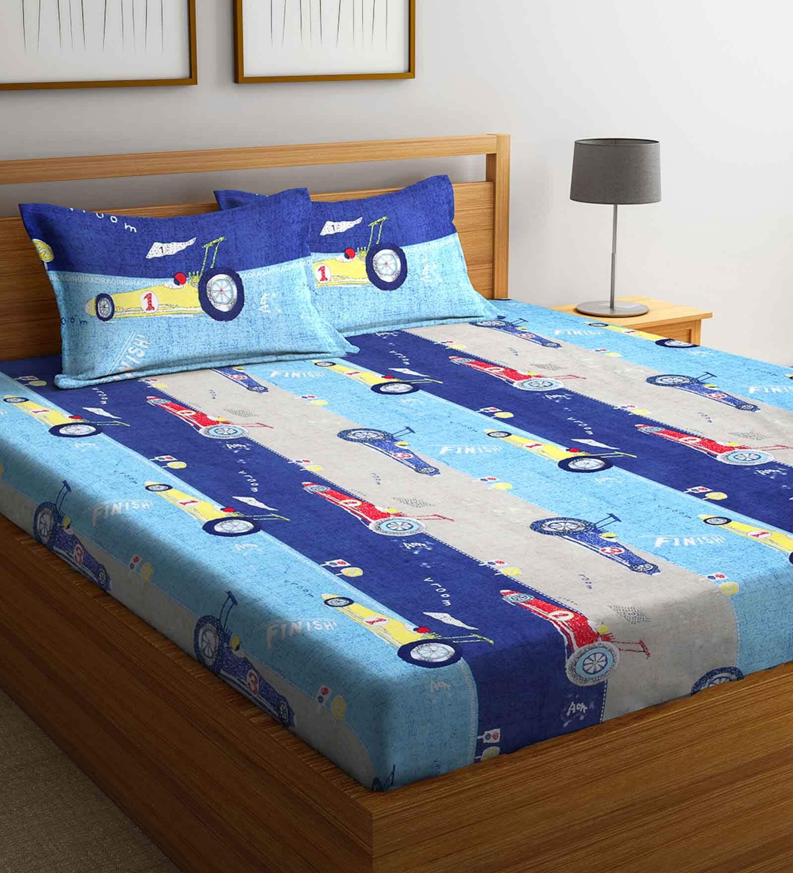 Racing Car Themed Double Bedsheet with 2 Pillow Covers in Blue Colour