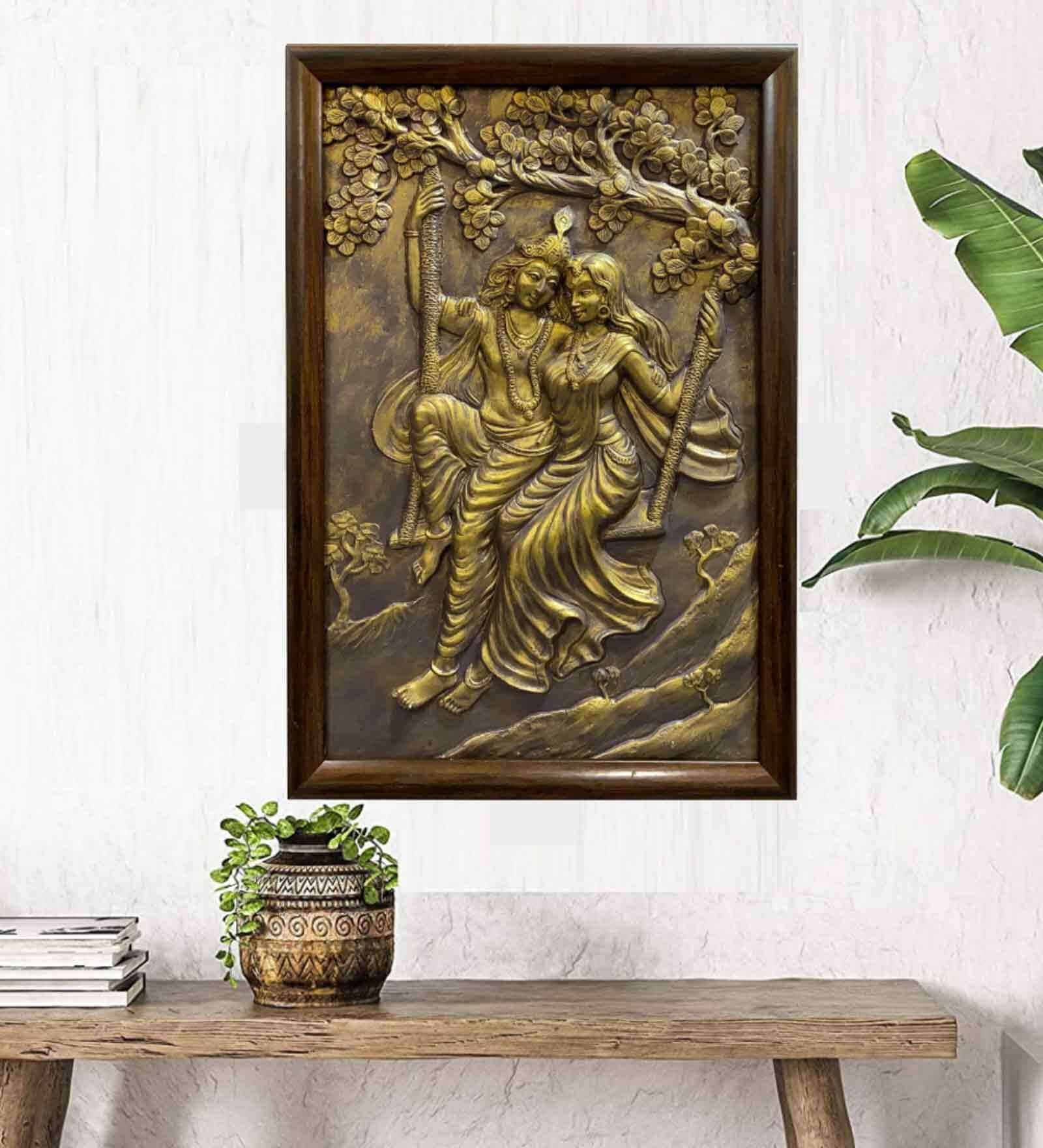 Radha Krishan Relief Wall Mural In Golden