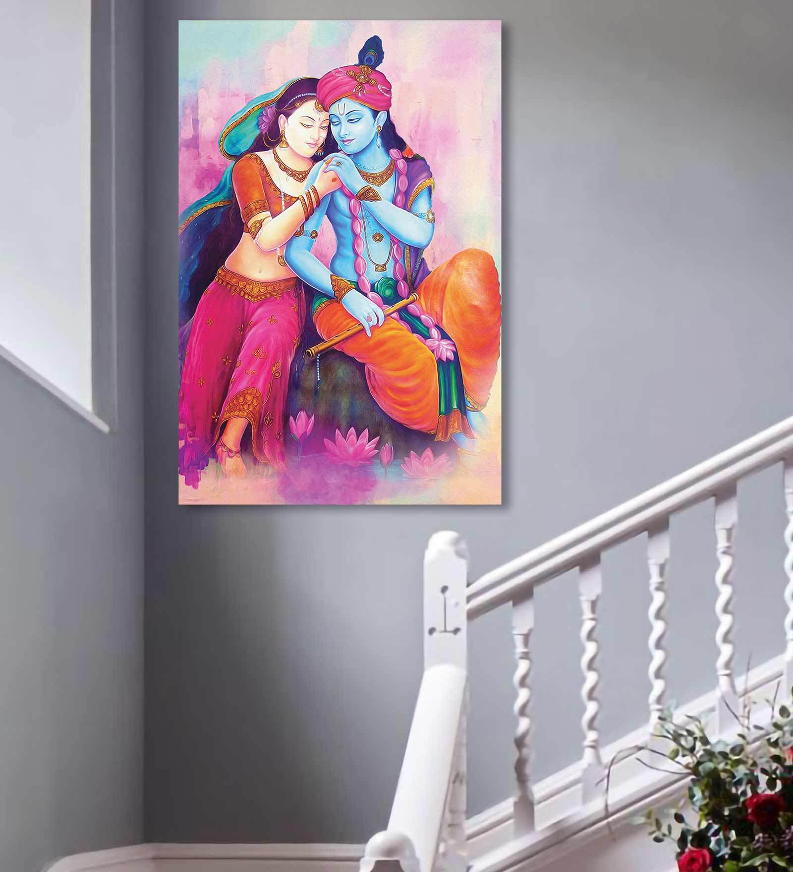 Radha Krishna Art -24"x36" Stretched and Framed in Teakwood Art Print