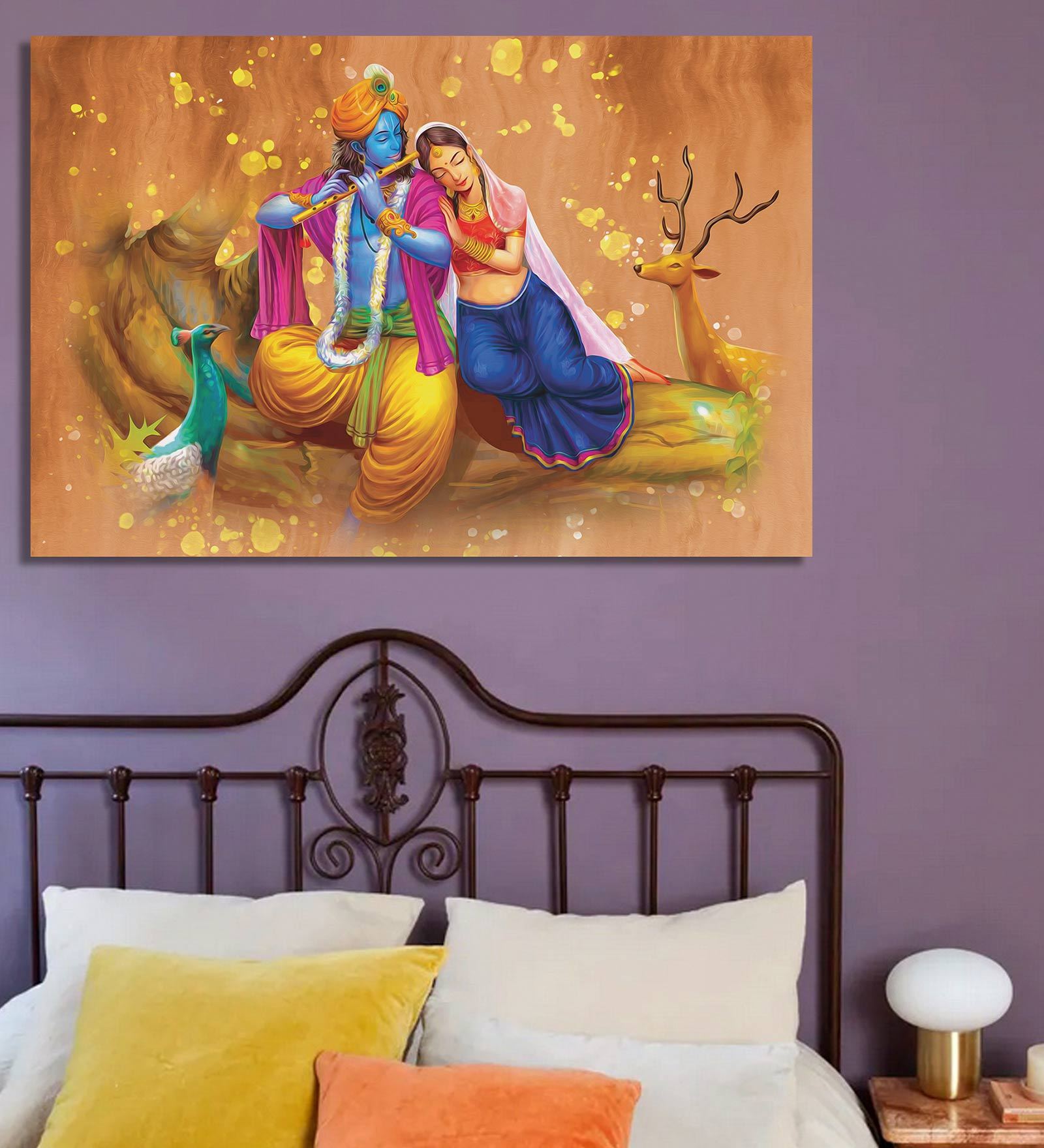 Radha Krishna Oil paint Yellow Canvas Teakwood And MDF Framed Spiritual Art Print