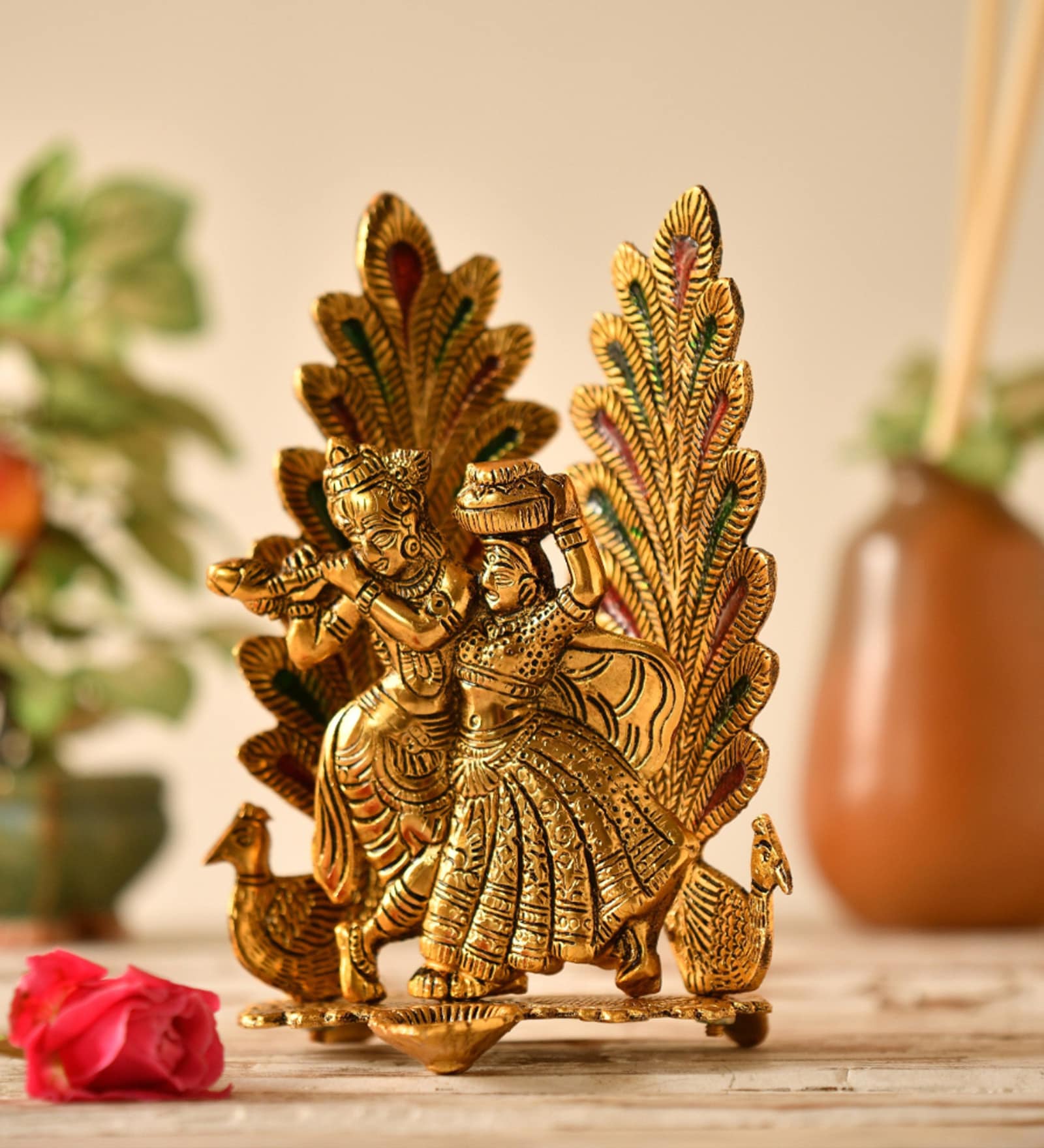 Radha Krishna on Peacock Metal Religious Idol (Gold)